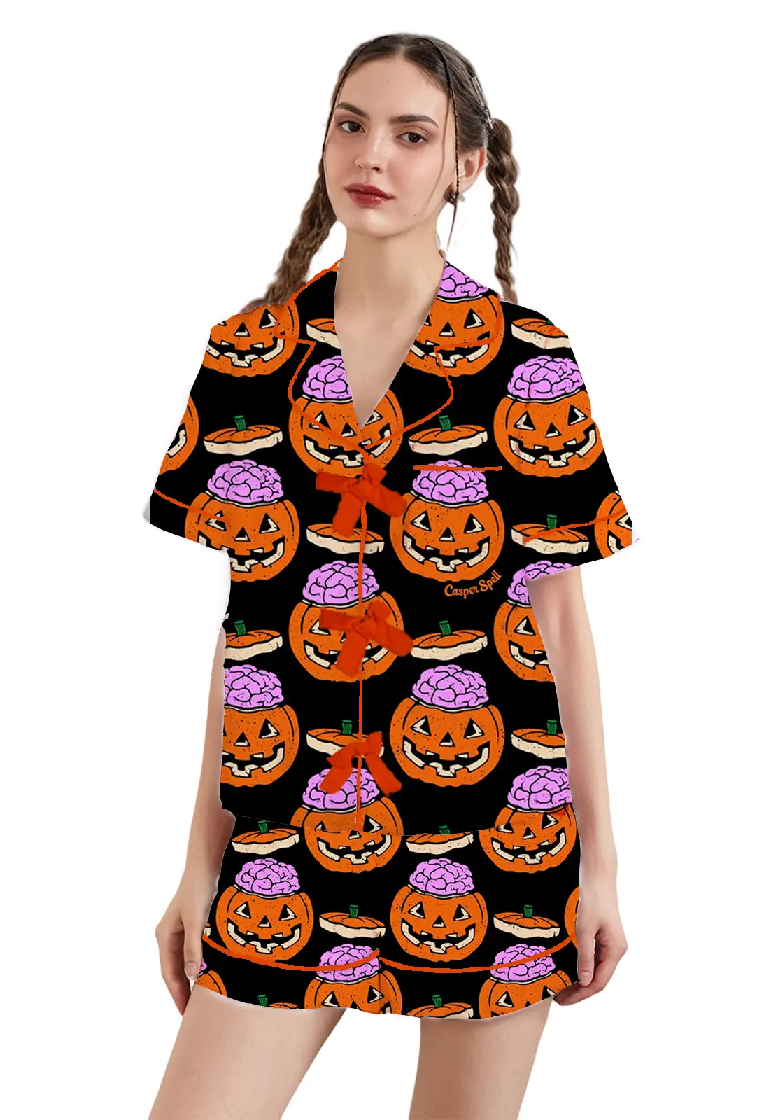 Women's Halloween Lounge Set Short Sleeve Lapel Pumpkin/Witch Hat/Bat Print Tops Shorts Sleepwear Sets