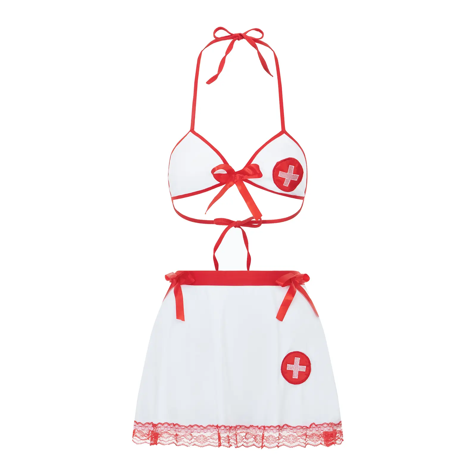 Women's Erotic Naughty Lingerie Sets Sleeveless Halter Neck Bra Tops & A-line Skirt Cosplay Nurse Sets