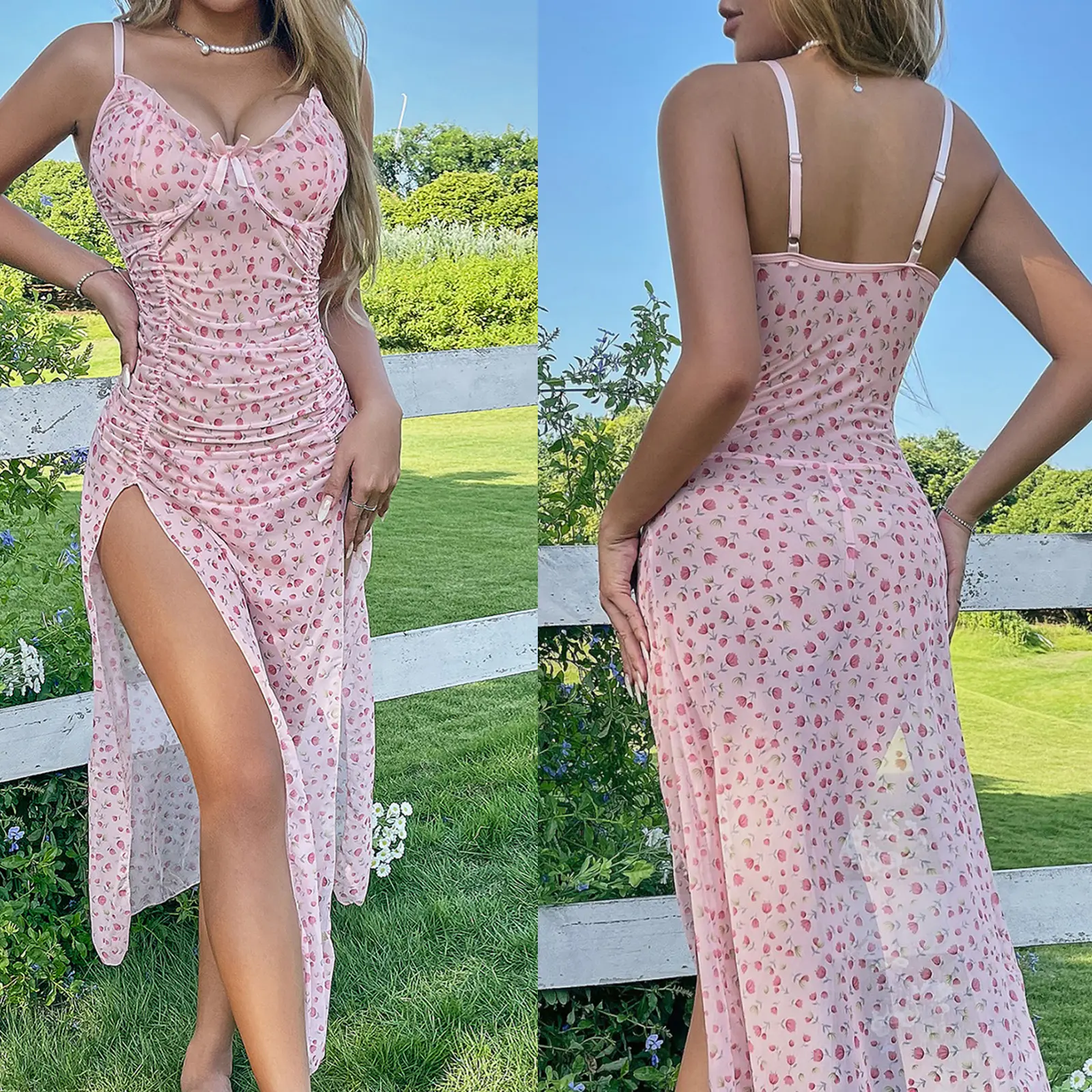 Women's Floral Print Lingerie Nightdress Sleeveless Thigh Slit Ruched Long Dress with Thong Sleepwear
