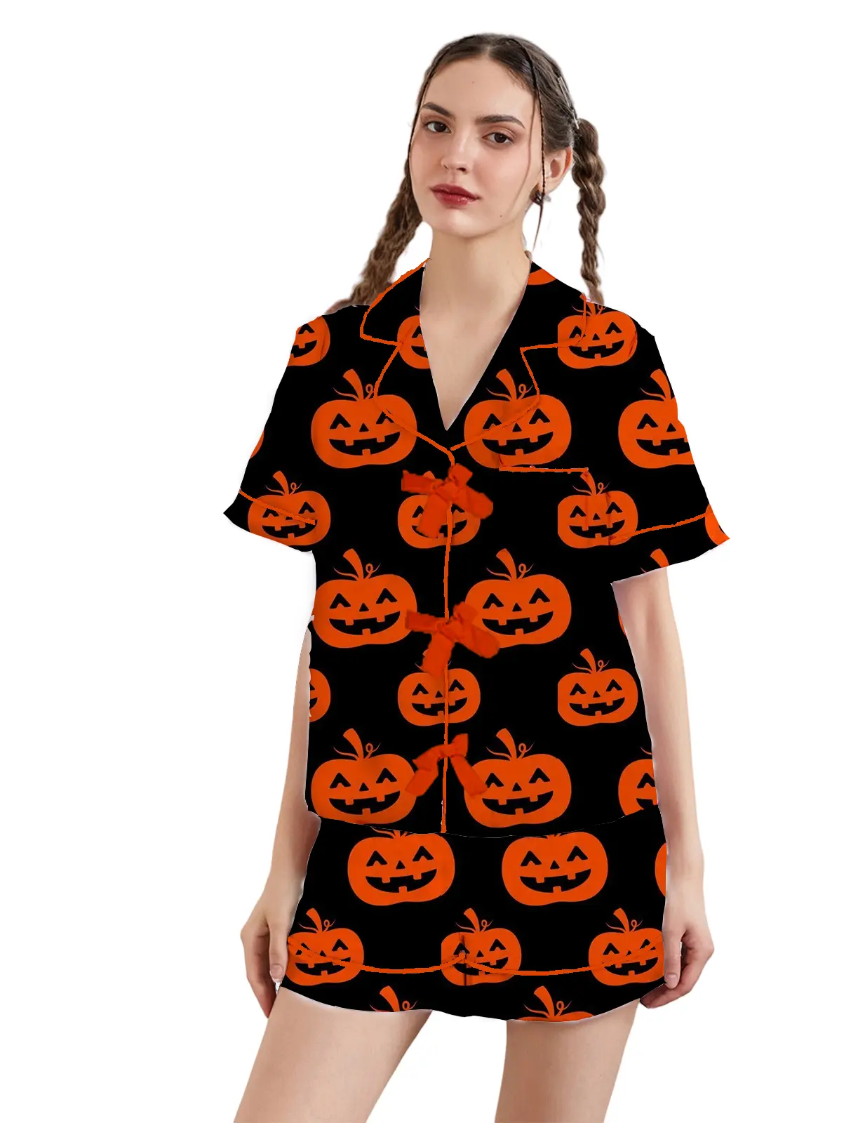Women's Halloween Lounge Set Short Sleeve Lapel Pumpkin/Witch Hat/Bat Print Tops Shorts Sleepwear Sets