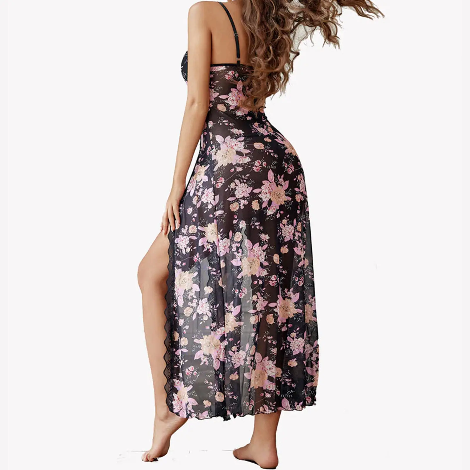 Womens Floral Camisole Nightgown Slim Lace Trim Deep V Neck Side High Slit Spaghetti Strap Pajama Dress for Bedroom Party