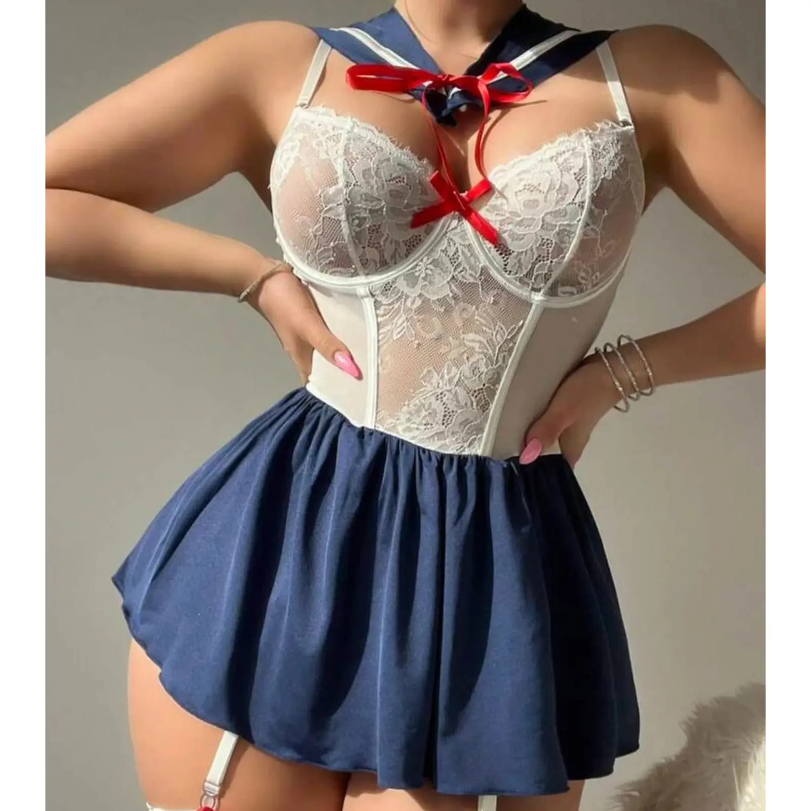 Women's School Girl Lingerie Set Sleeveless Chemise with Sailor Collar Scarf Thongs Leg Straps Exotic Nightwear