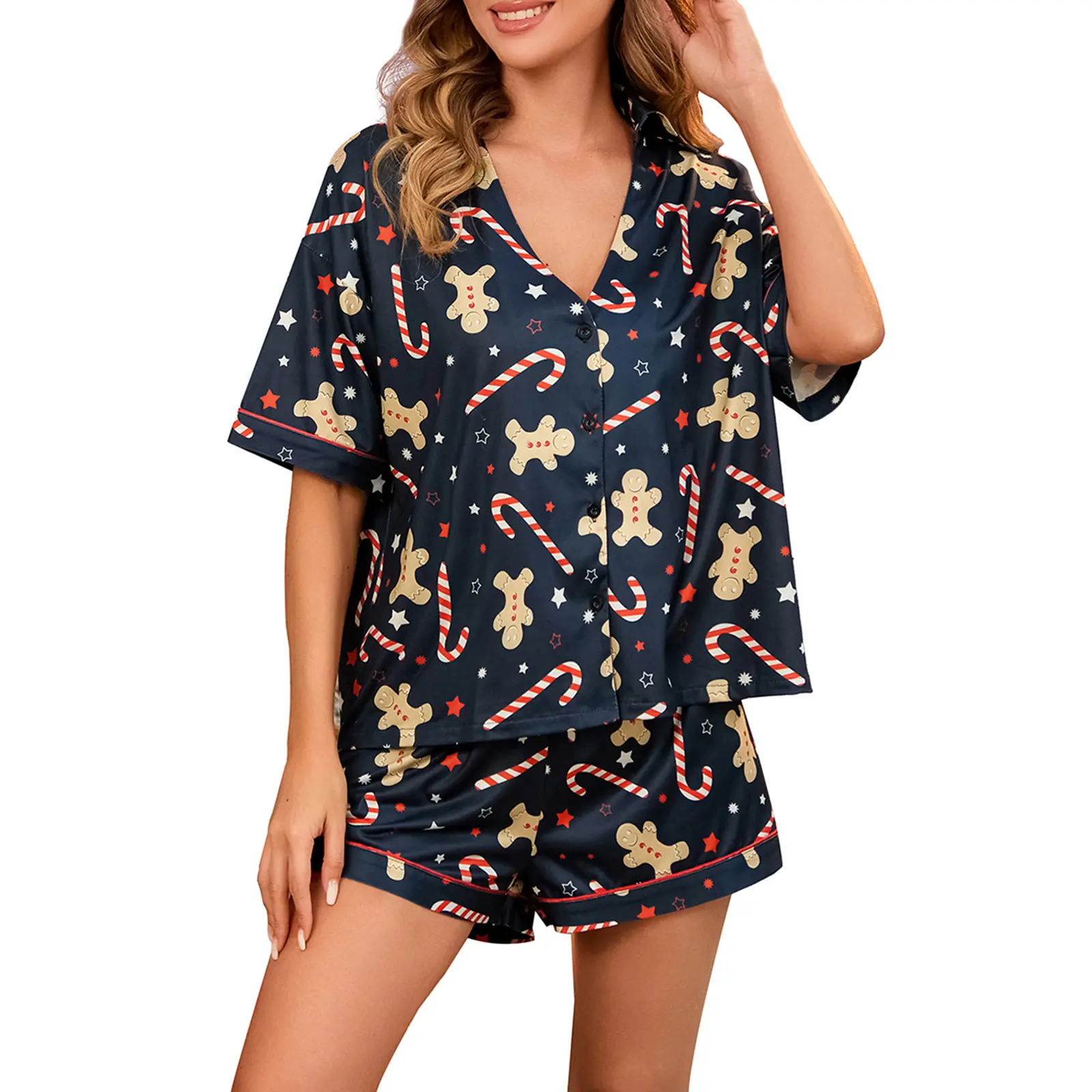 Women Christmas Pajamas Set, Gingerbread Man Print Short Sleeve Button Closure Shirt with Shorts Sleepwear Loungewear