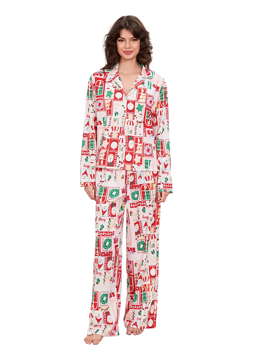 Womens Christmas Pajama Set, Printed Long Sleeve Button Down Tops Long Pants 2 Piece Lounge Outfit