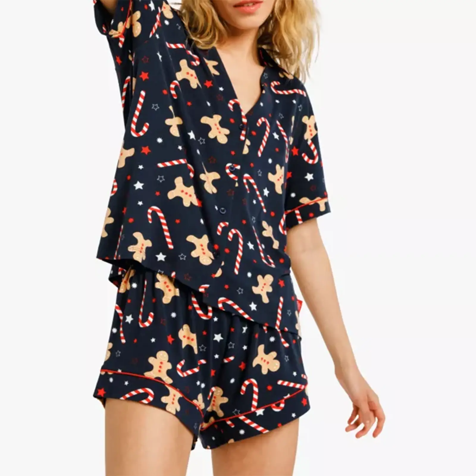 Women Christmas Pajamas Set, Gingerbread Man Print Short Sleeve Button Closure Shirt with Shorts Sleepwear Loungewear