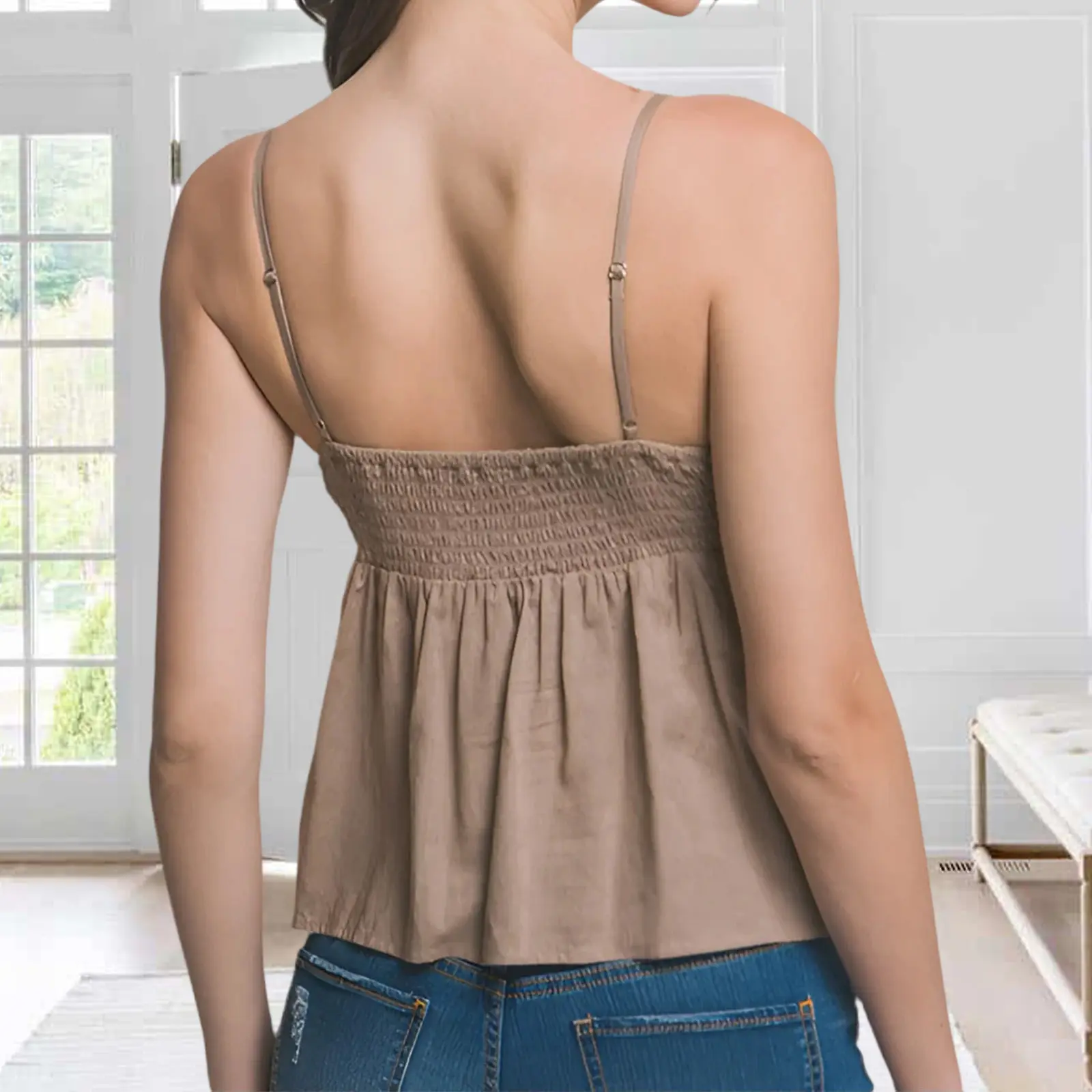 Women's Summer Lace Trim Vest Sleeveless V Neck Button Up Spaghetti Strap Tank Tops