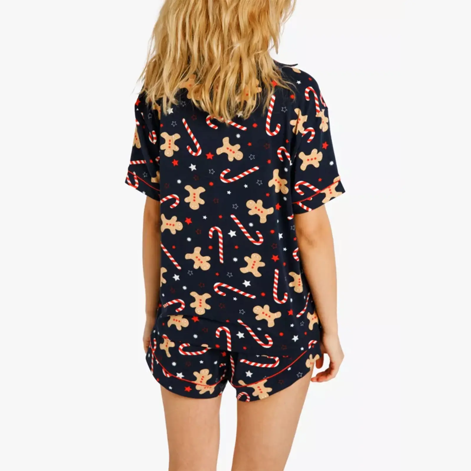 Women Christmas Pajamas Set, Gingerbread Man Print Short Sleeve Button Closure Shirt with Shorts Sleepwear Loungewear
