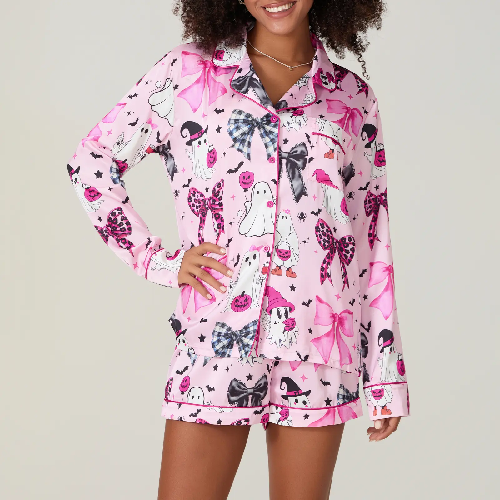 Women's Halloween Lounge Set Long Sleeve Lapel Ghost Bow/Wizard Hat Bow Print Shirt Shorts Sleepwear Sets