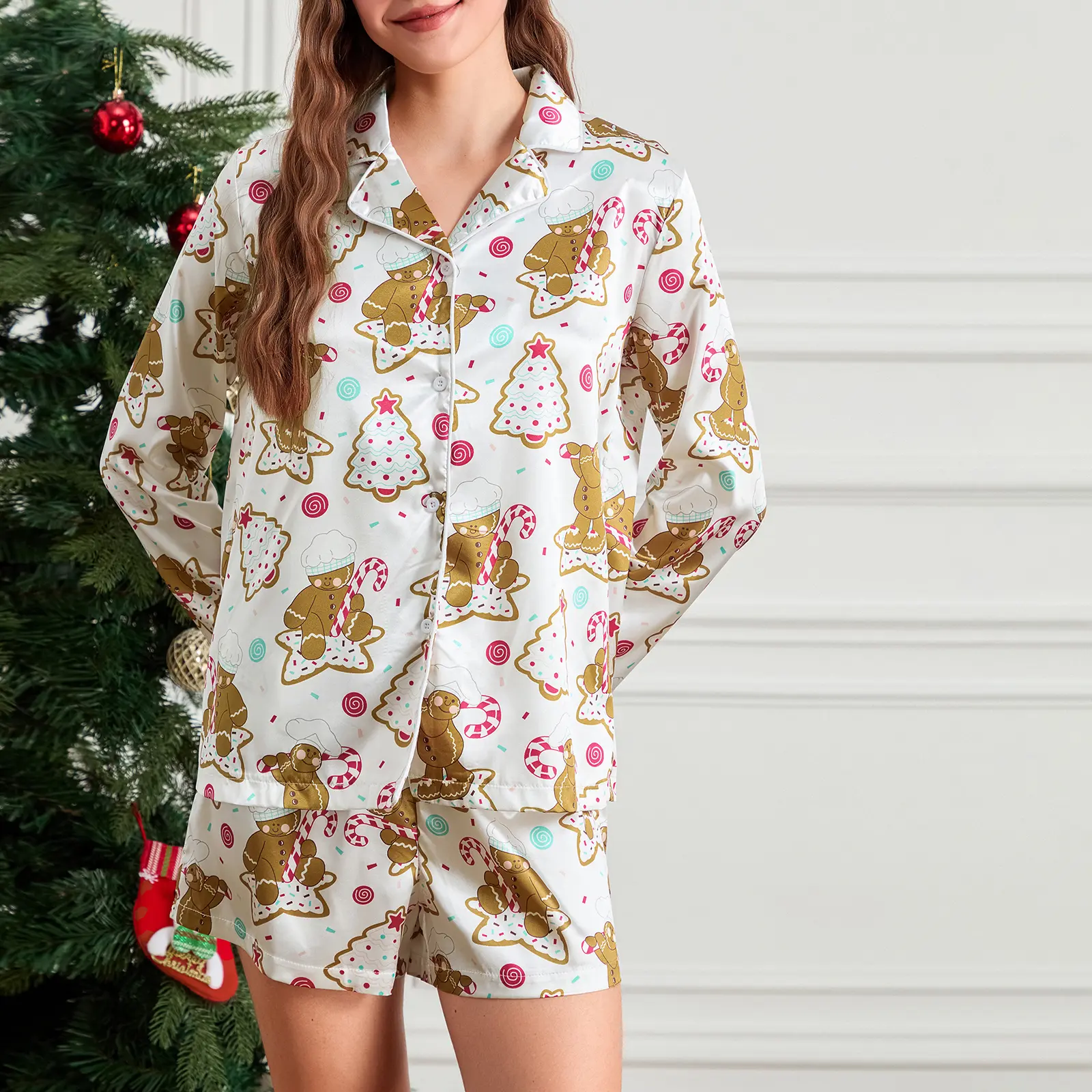 Women Christmas Satin Pajama Set Gingerbread Print Long Sleeve Button-up Tops Elastic Waist Shorts 2 Piece Sleepwear Outfits