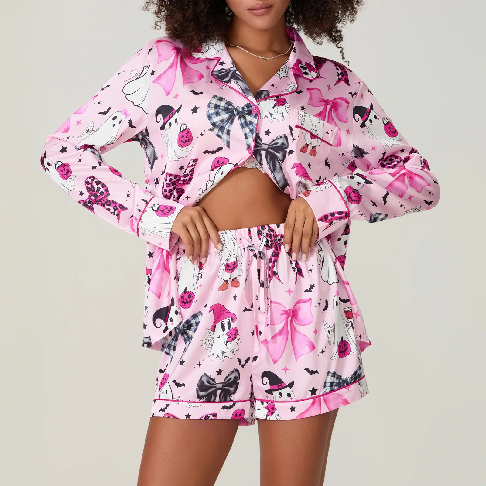 Women's Halloween Lounge Set Long Sleeve Lapel Ghost Bow/Wizard Hat Bow Print Shirt Shorts Sleepwear Sets