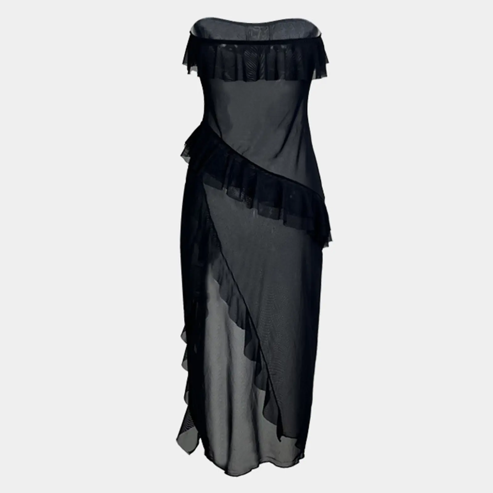 Women's Sheer Mesh Nightgown Ruffled Trim Slit Slim Fit Boat Neck Midi Tube Dress