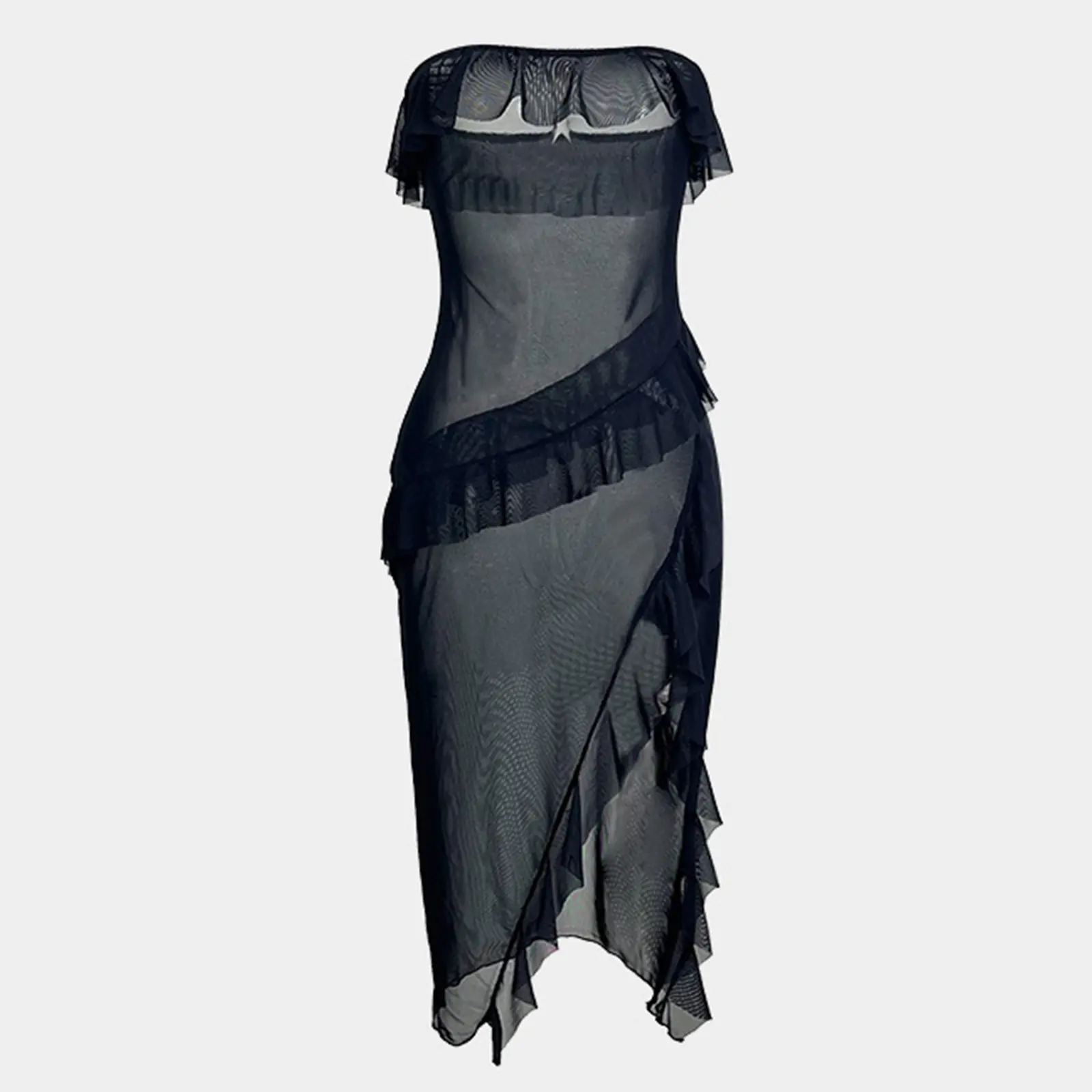 Women's Sheer Mesh Nightgown Ruffled Trim Slit Slim Fit Boat Neck Midi Tube Dress