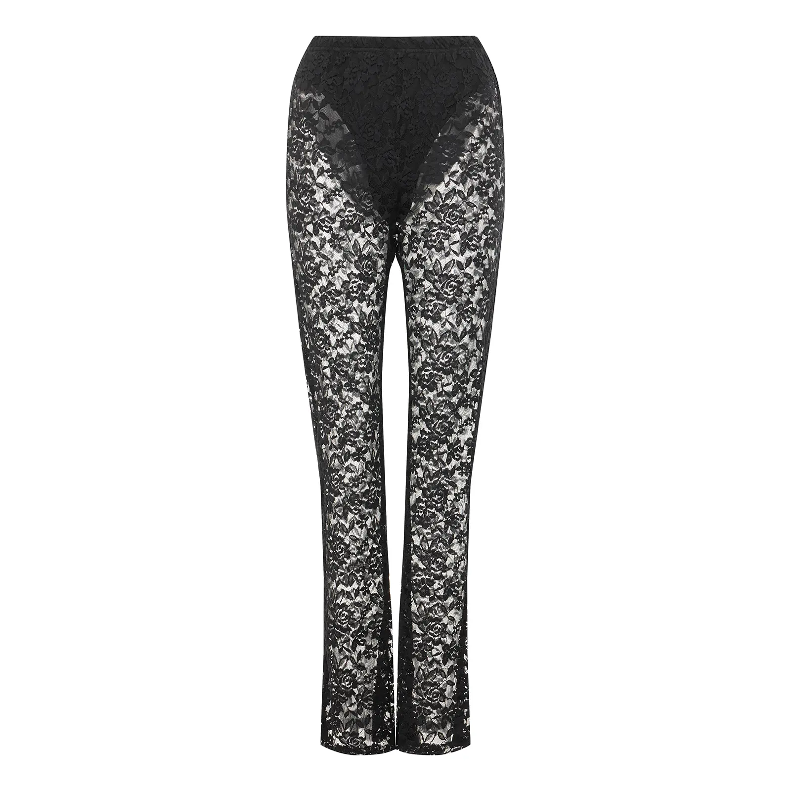 Women’s Sheer Lace Pants Mid Waist Solid Color Flare Pants Bell-Bottoms Trousers Beachwear