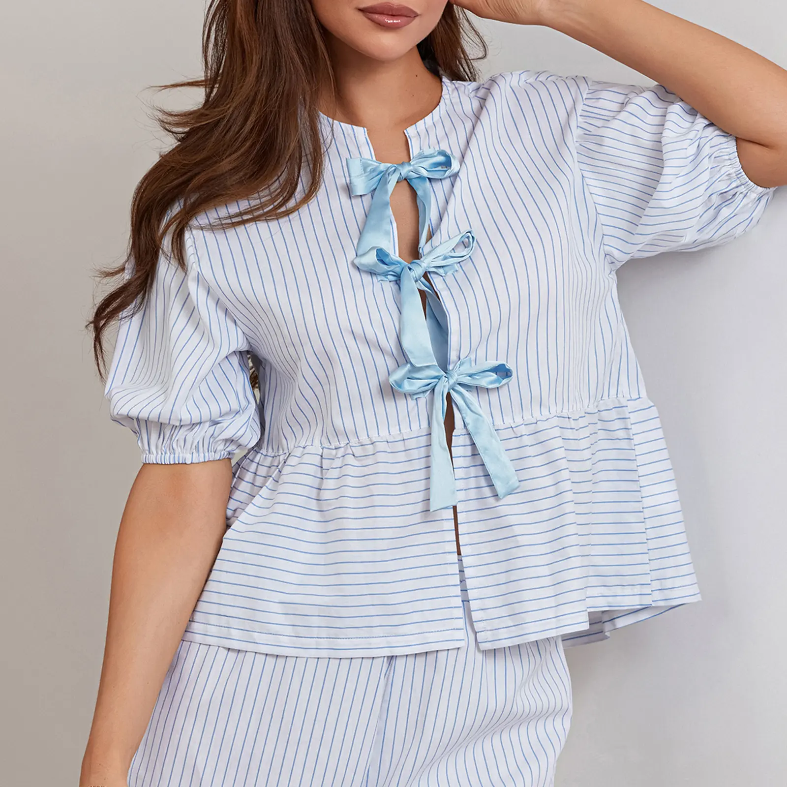 Women Casual Bandage T-shirt, Short Sleeve Tie-up Striped Tops Summer Streetwear for Dailywear