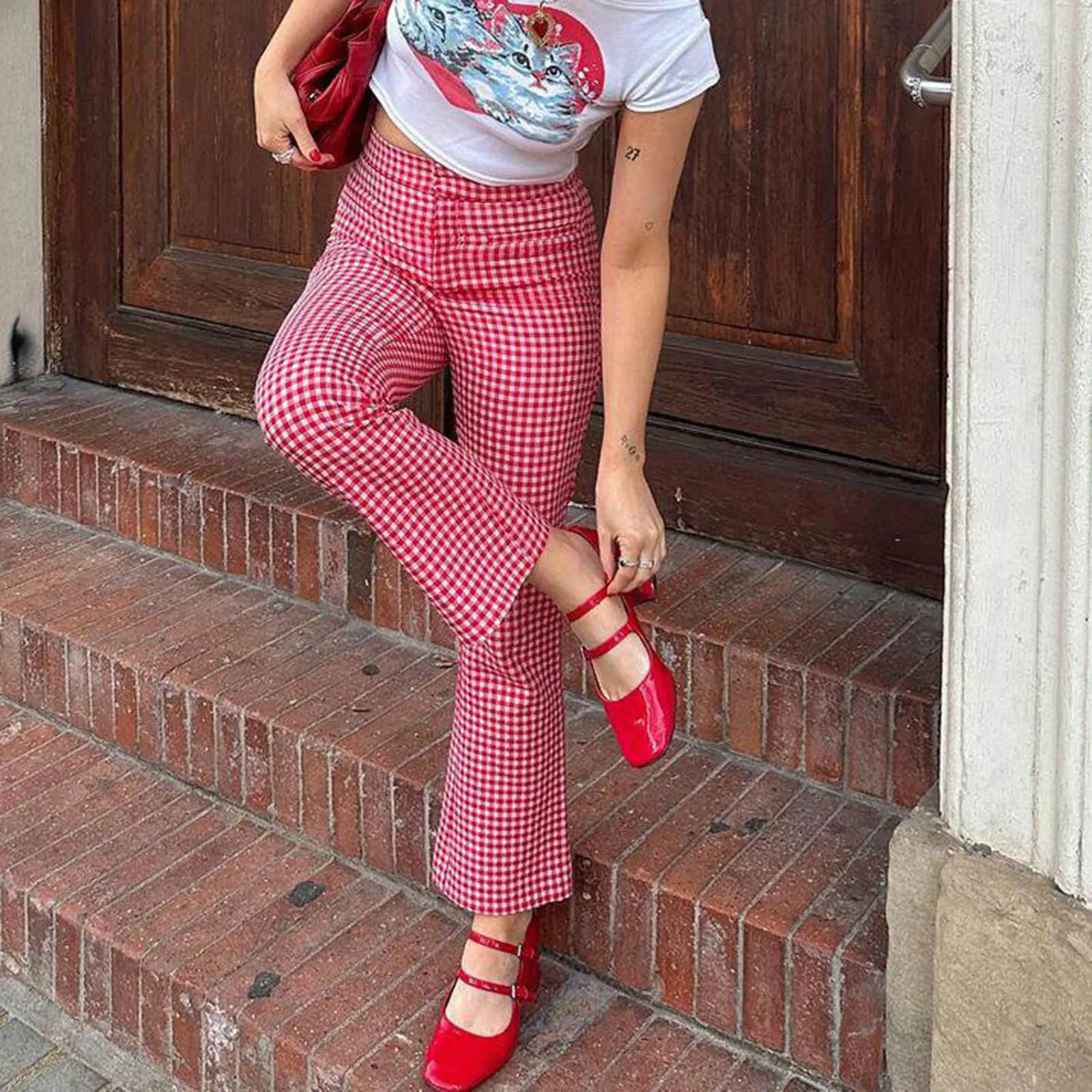Women Slim Fit Plaid Pants High Waist Trousers Spring Summer Fashion Casual Sweatpants Slim Fit Slightly Flare Pants