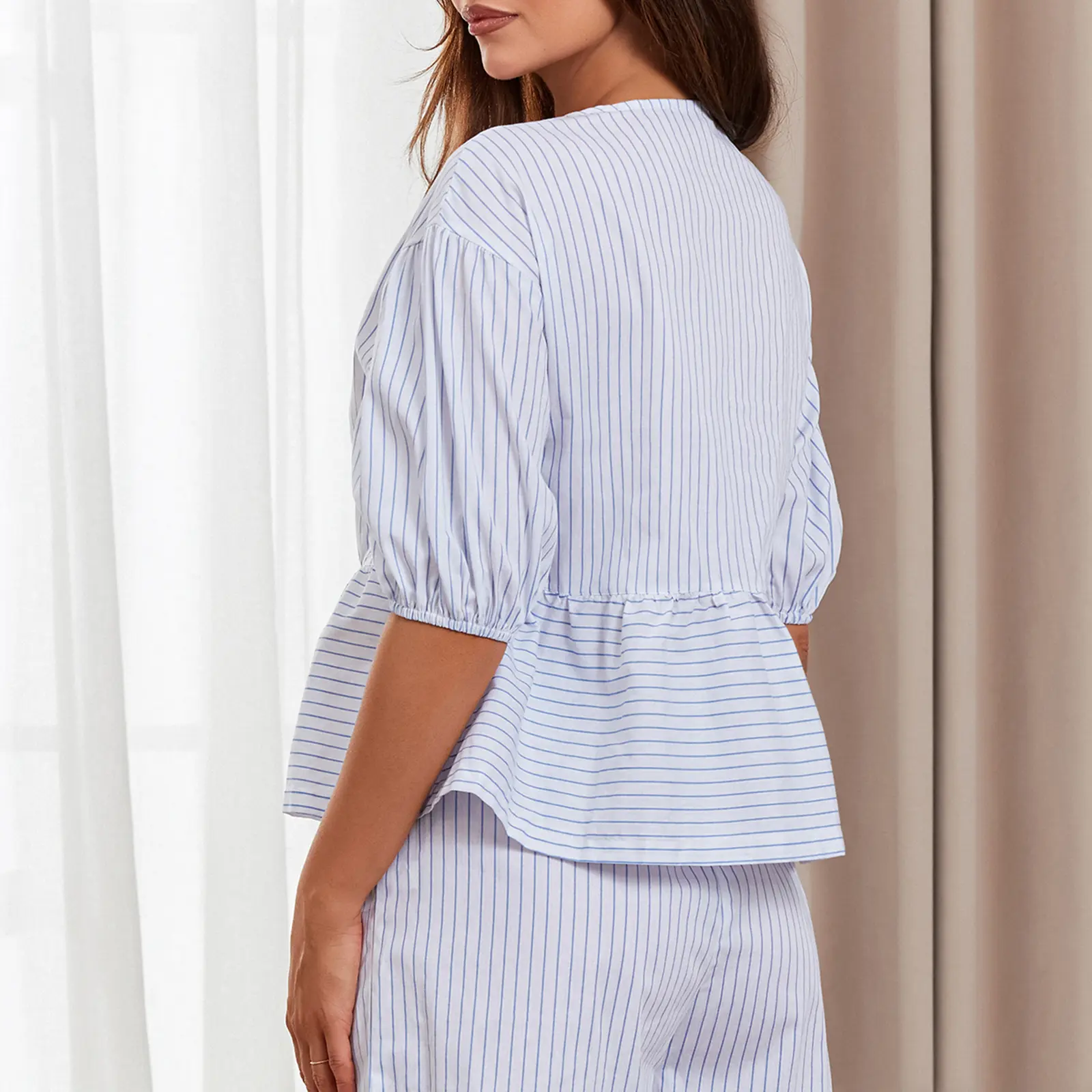 Women Casual Bandage T-shirt, Short Sleeve Tie-up Striped Tops Summer Streetwear for Dailywear