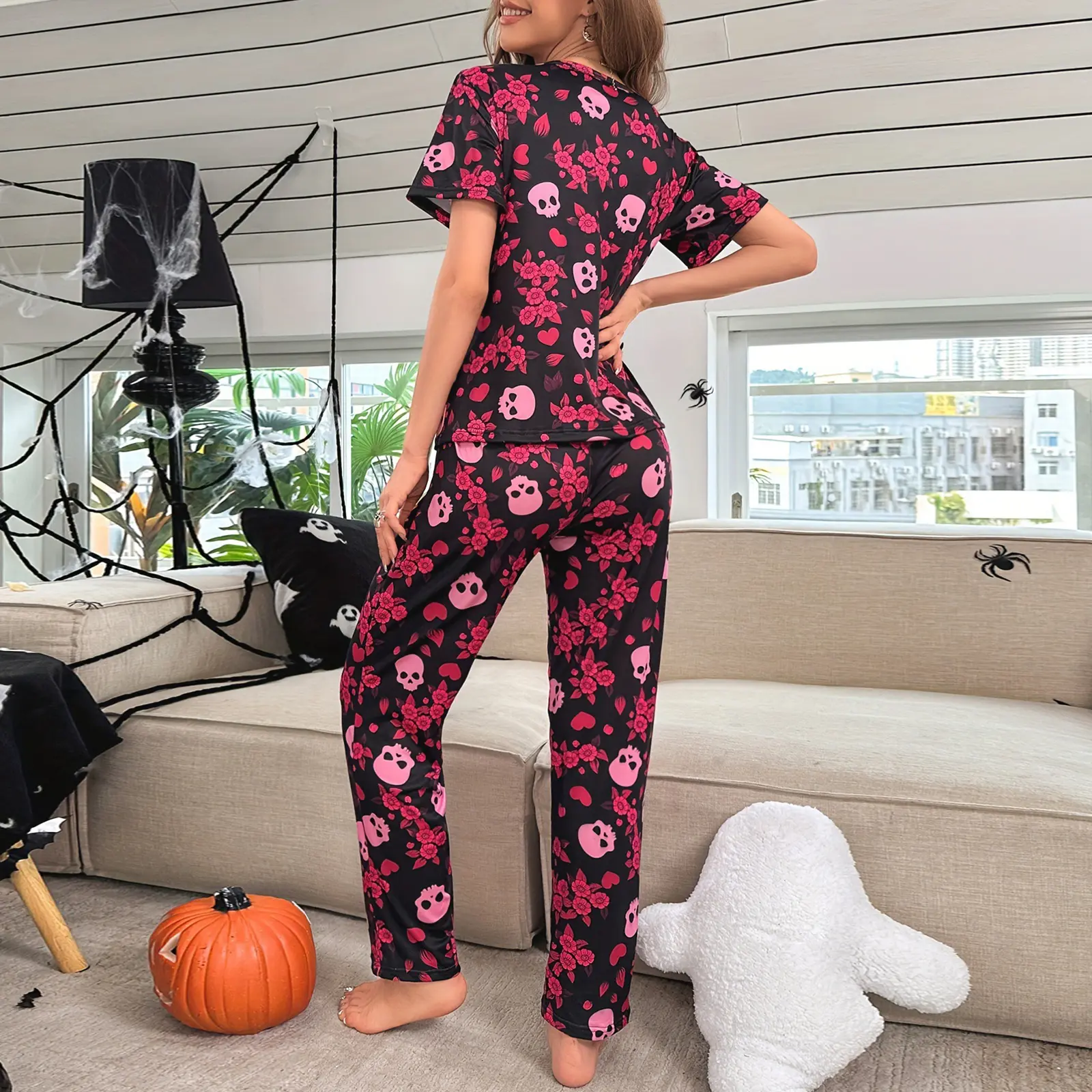 Women’s Halloween Pajama Set Long Sleeve Skull Floral Print Tops and Pants Set Loungewear