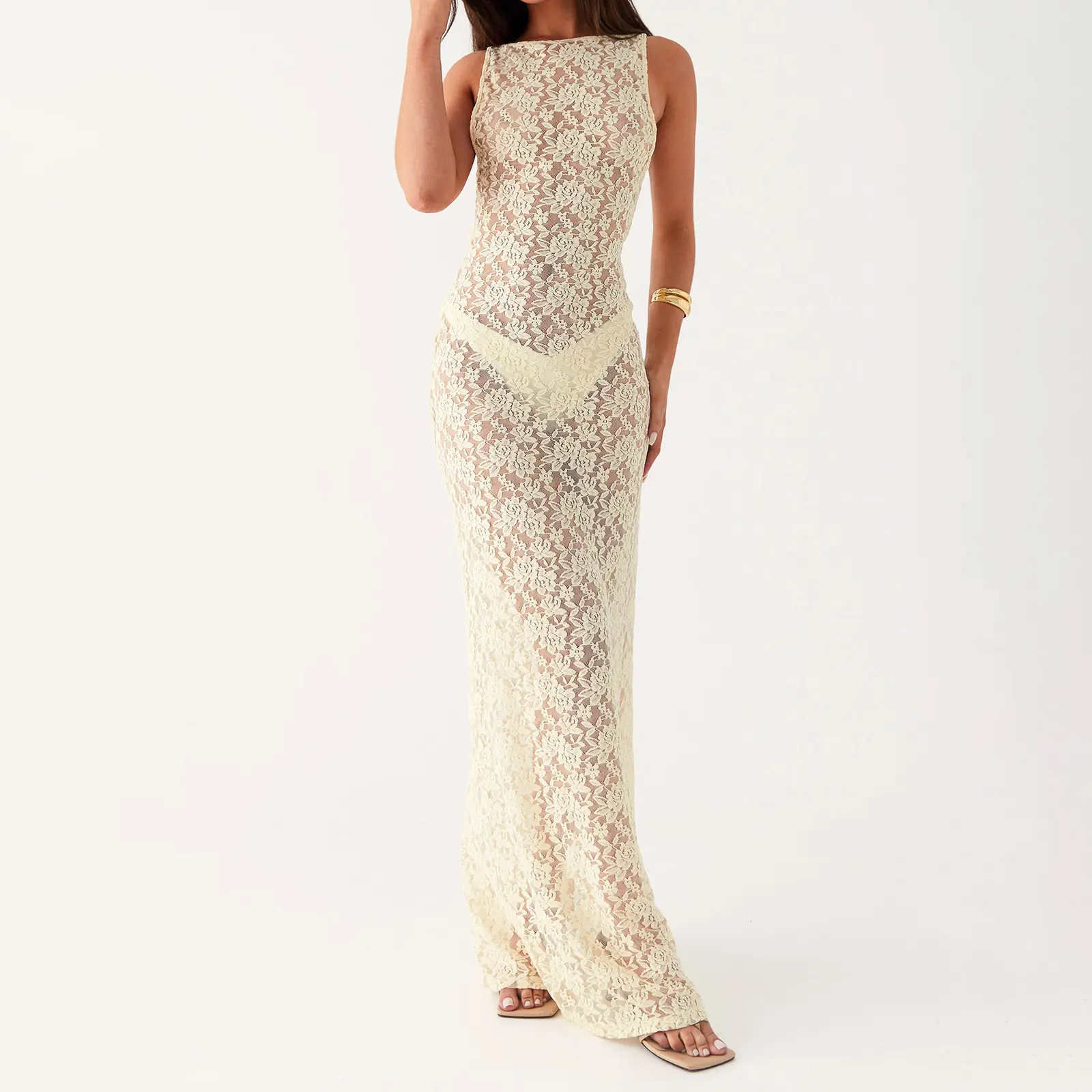 Women Sheer Dress, Spaghetti Straps Backless See-through Lace Dress Summer Long Dress for Party