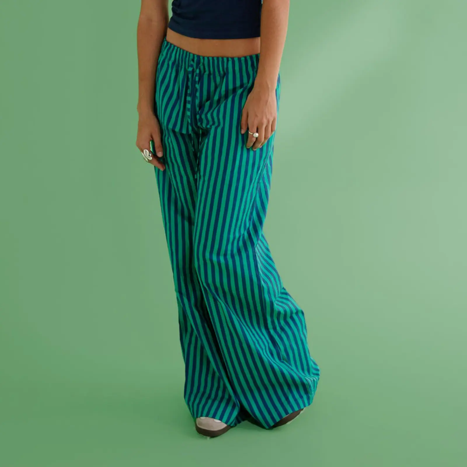 Women's Casual Summer Baggy Pants Drawstring High Street Waist Wide Y2k Leg Striped Pants with 2 Pockets Streetwear