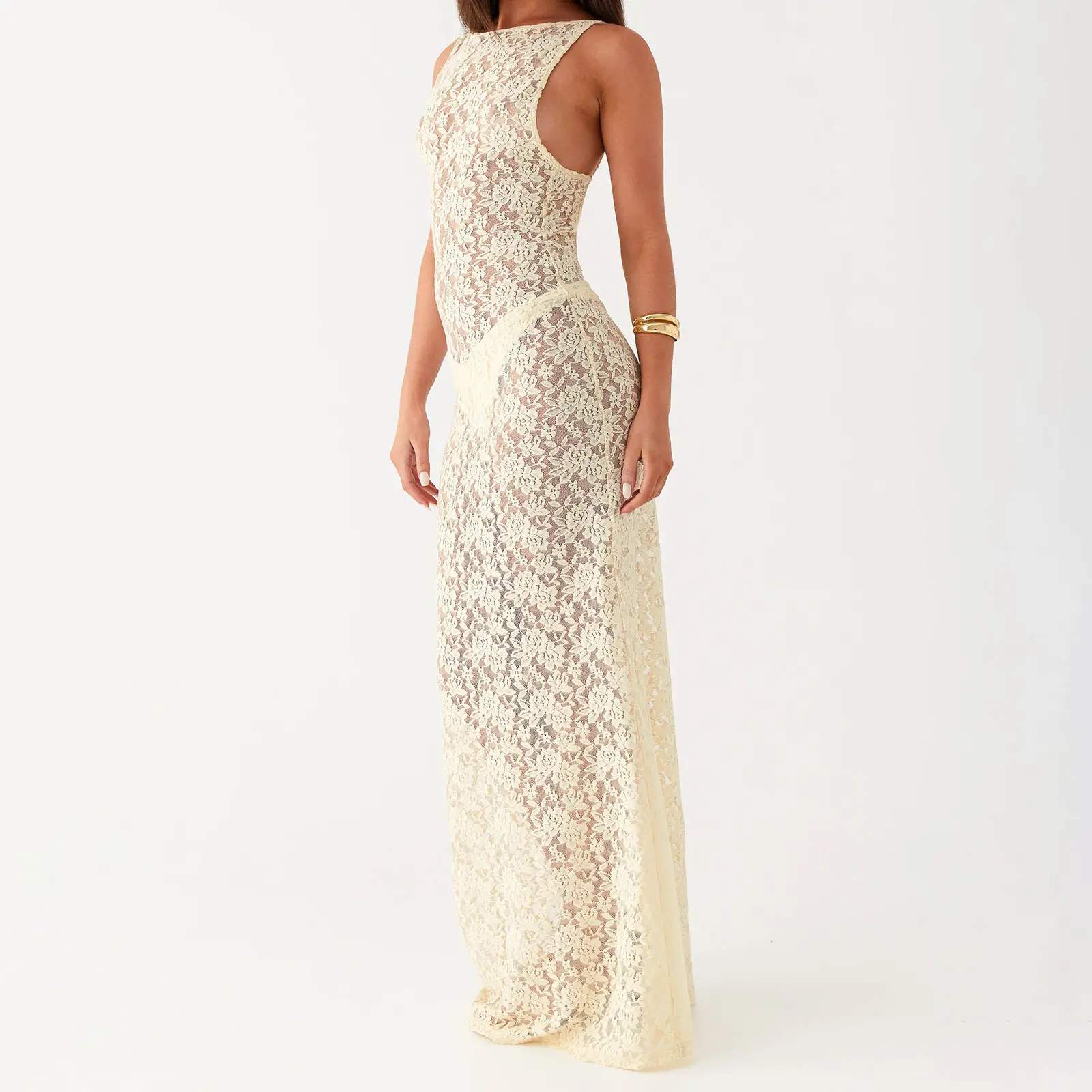 Women Sheer Dress, Spaghetti Straps Backless See-through Lace Dress Summer Long Dress for Party