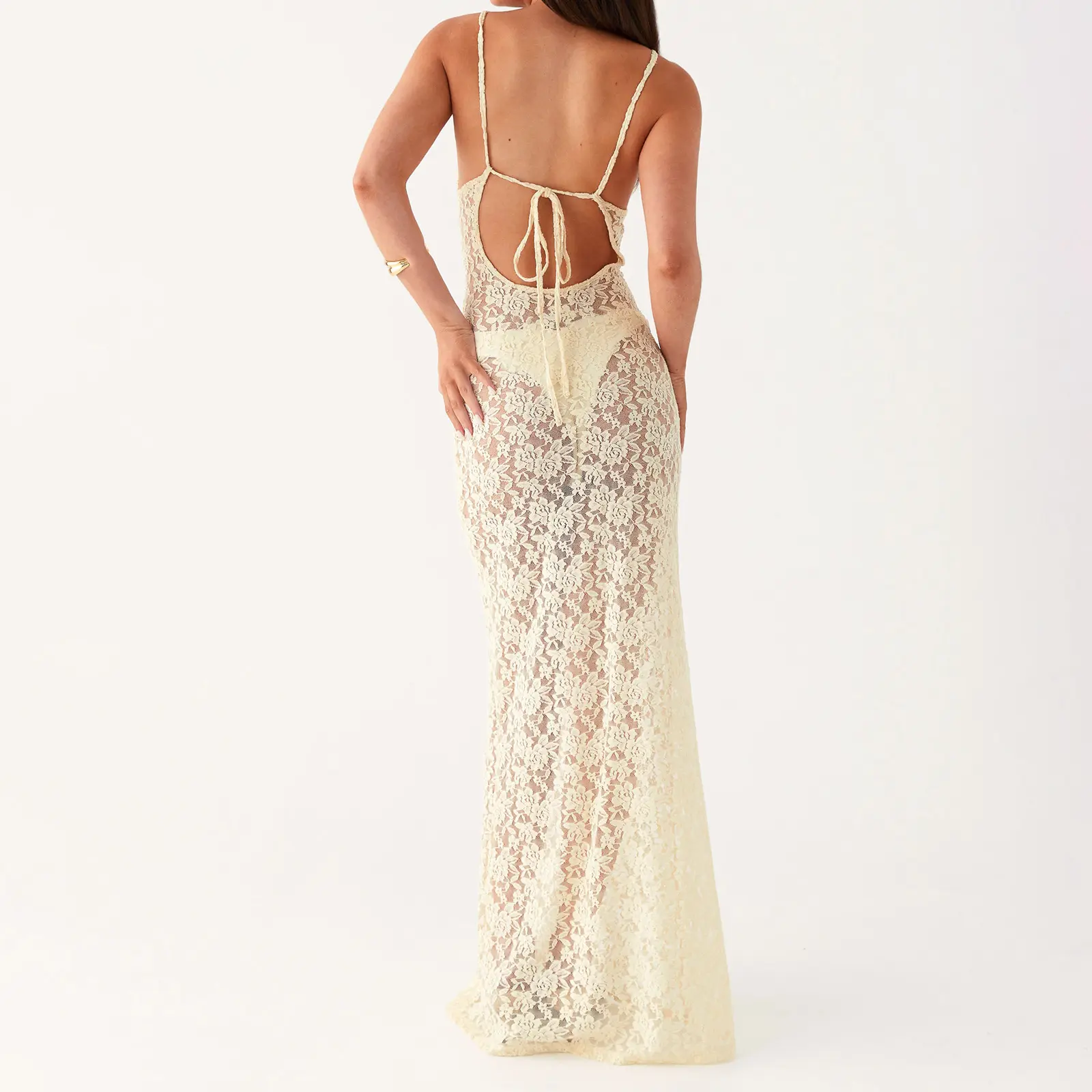 Women Sheer Dress, Spaghetti Straps Backless See-through Lace Dress Summer Long Dress for Party