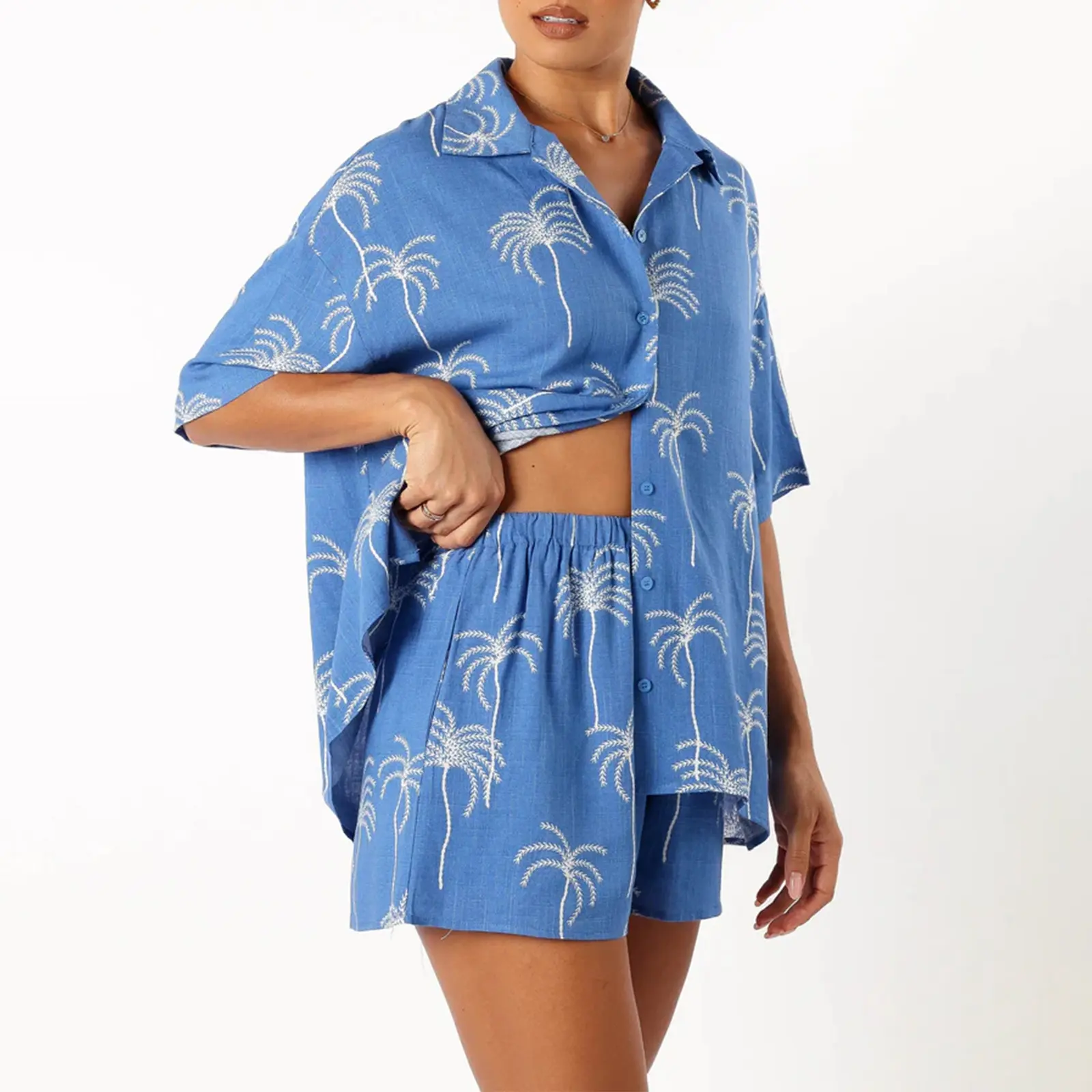 Women's 2 Piece Lounge Set Short Sleeve Lapel Button Up Tops Sun Tropical Tree Print Shorts Sleepwear Sets