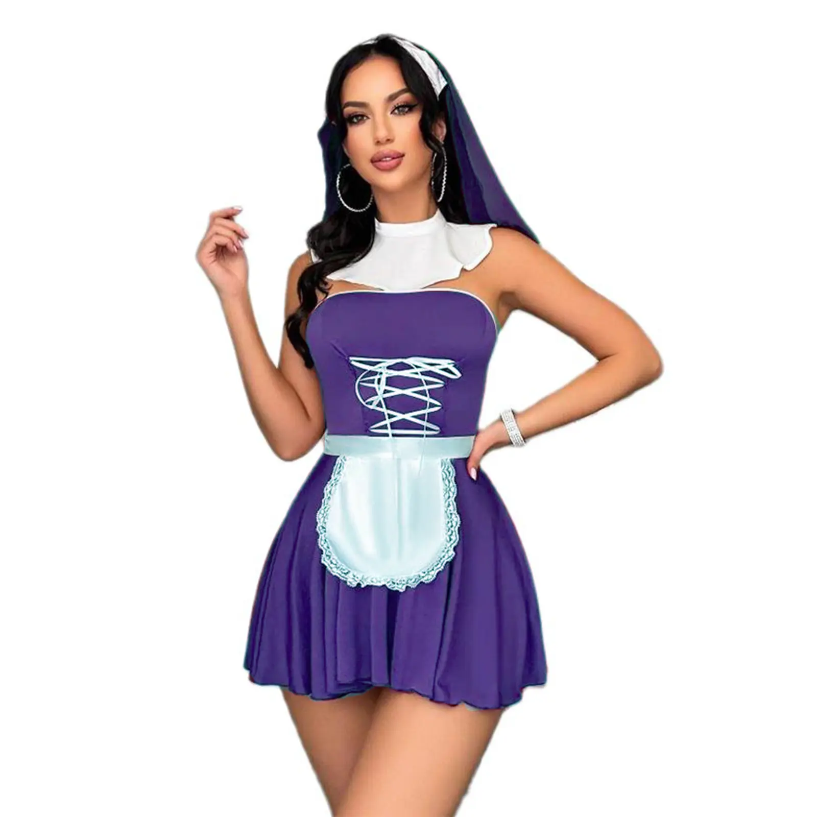 Womens Maid Lingerie Set Cross Tie-up Strapless A-line Mini Dress Thongs Lace Trim Apron Headband Neck Collar