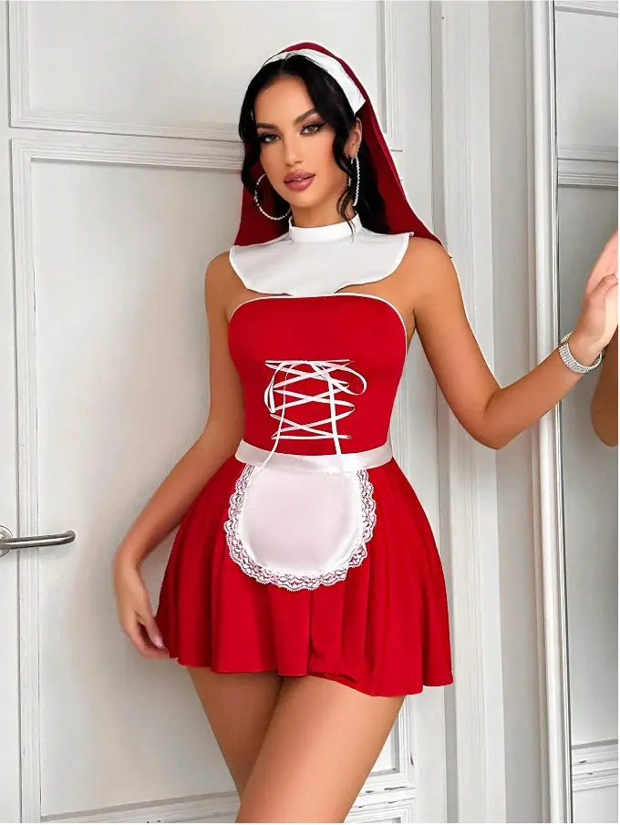 Womens Maid Lingerie Set Cross Tie-up Strapless A-line Mini Dress Thongs Lace Trim Apron Headband Neck Collar