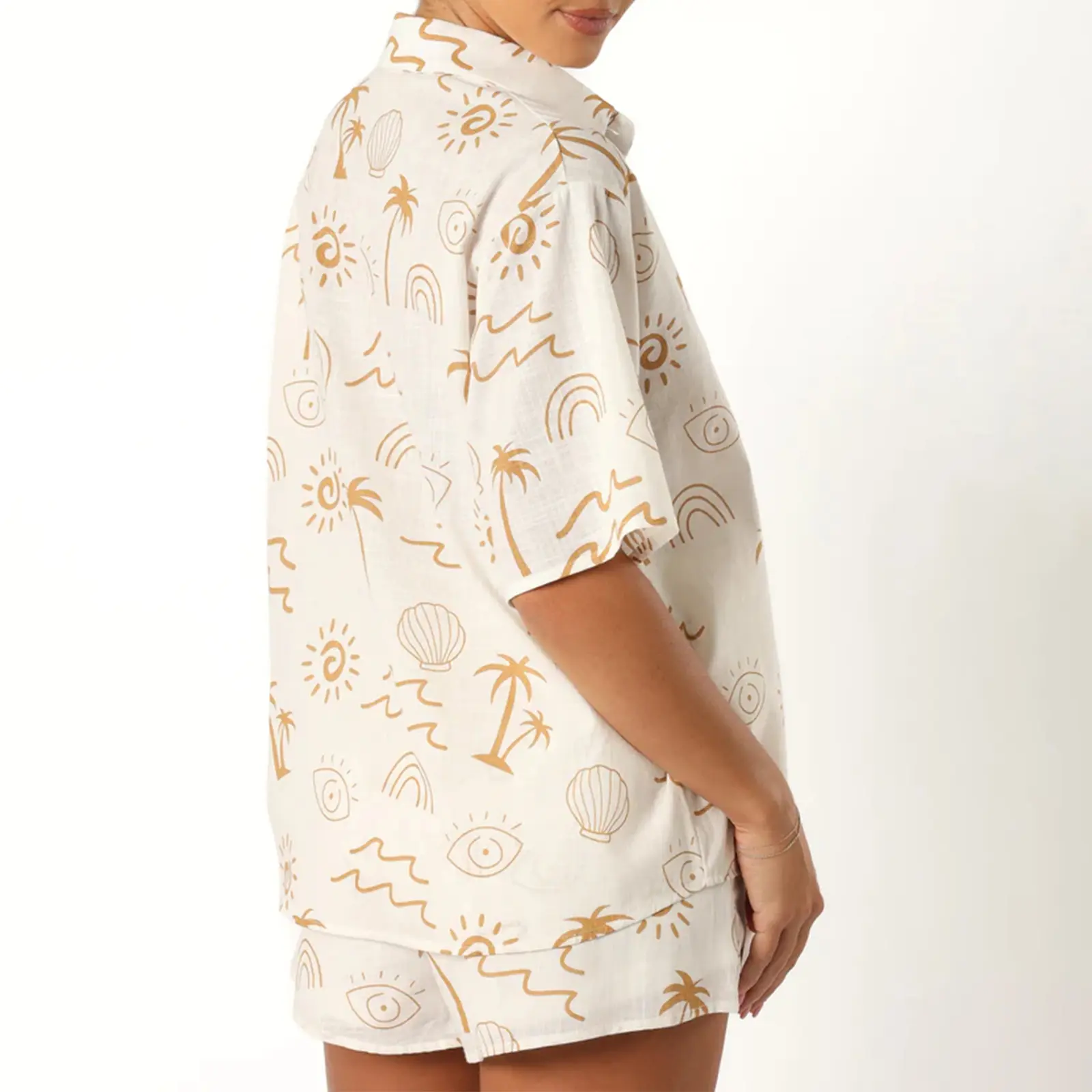Women's 2 Piece Lounge Set Short Sleeve Lapel Button Up Tops Sun Tropical Tree Print Shorts Sleepwear Sets