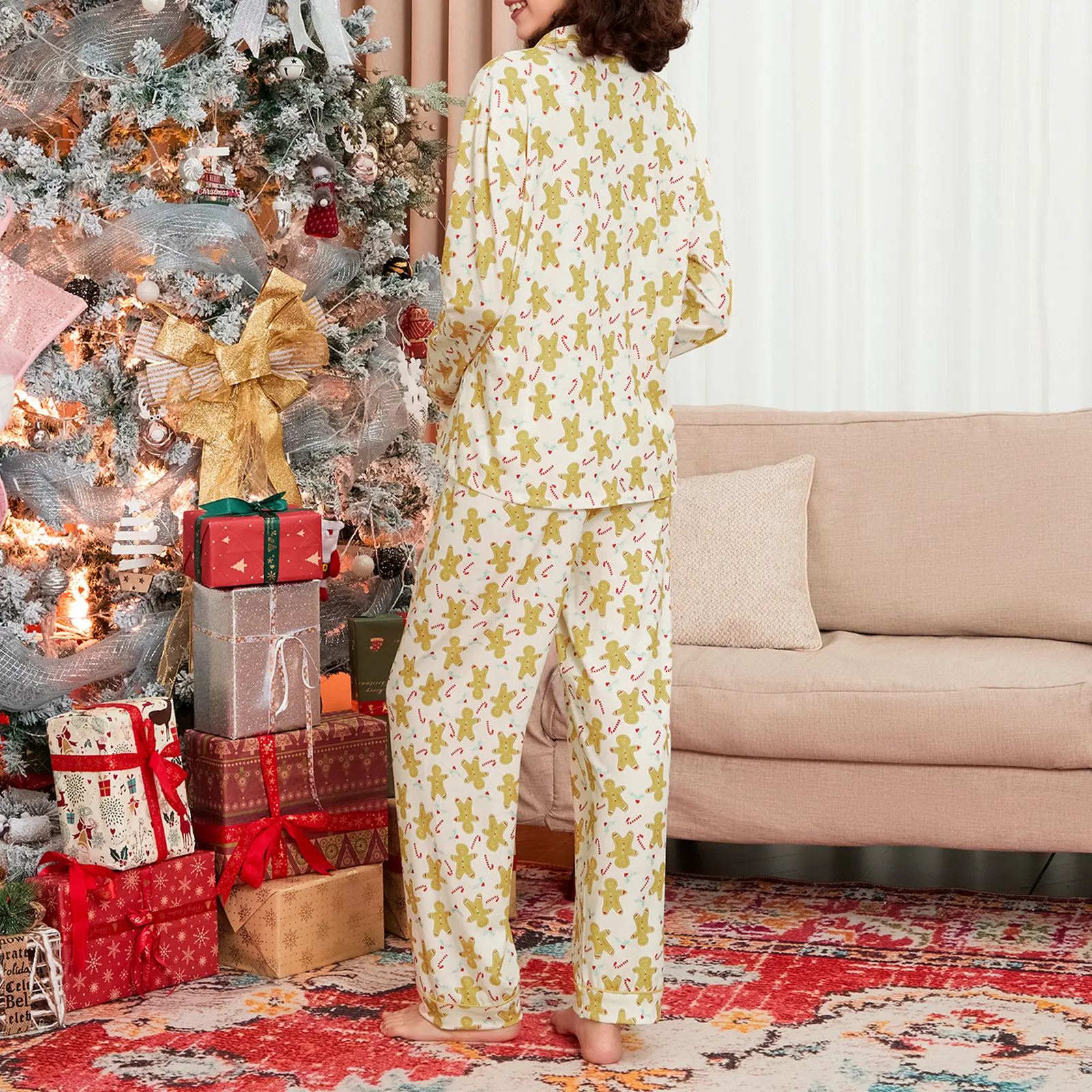 Women's Christmas Pajama Set, Gingerbread Man Print Lapel Neck Long Sleeve Tops Elastic Waist Pants 2 Piece Lounge Outfit