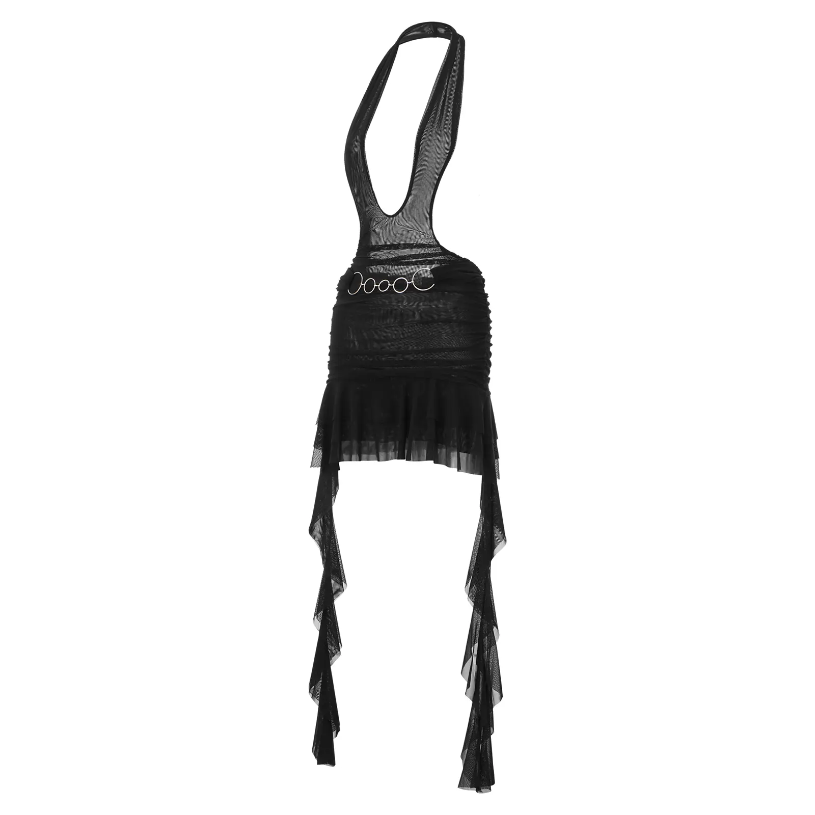 Women Lingerie Nightwear Ruffled Mesh Solid Black Backless Sleeveless Deep V Neck Halter Babydoll Dress