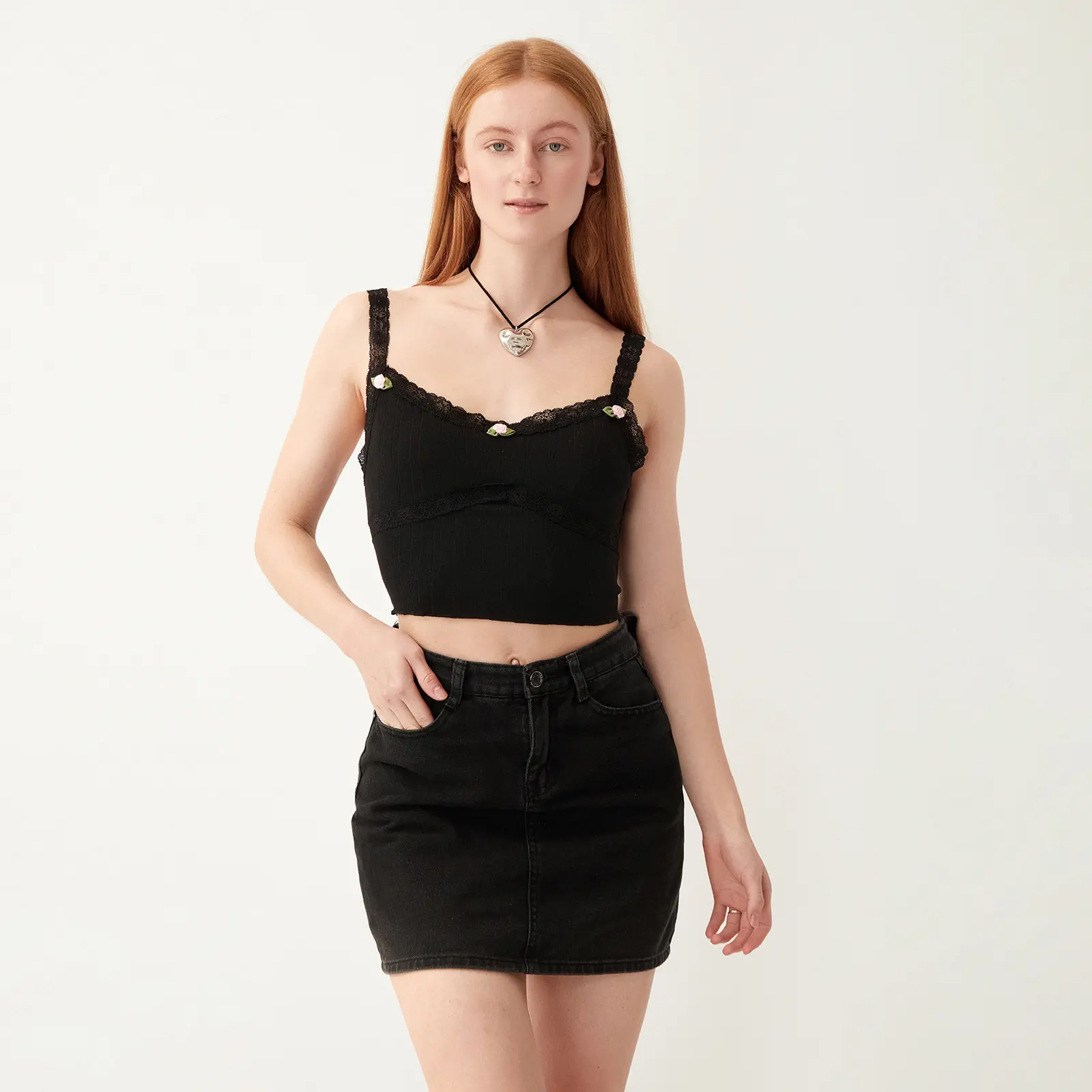 Women's Sweet Slim Cami Tops Mini 3D Rose Front Lace Shoulder Strap Vest Show Navel Cropped Camisole