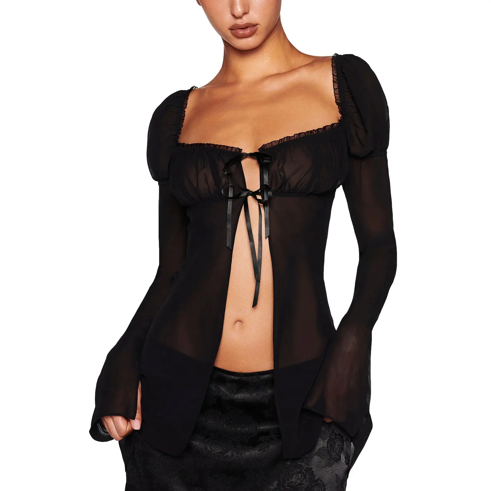 Women Split Tie Front Tops See Through Frill Trim Square Neck Long Puff Sleeve Mesh Shirts