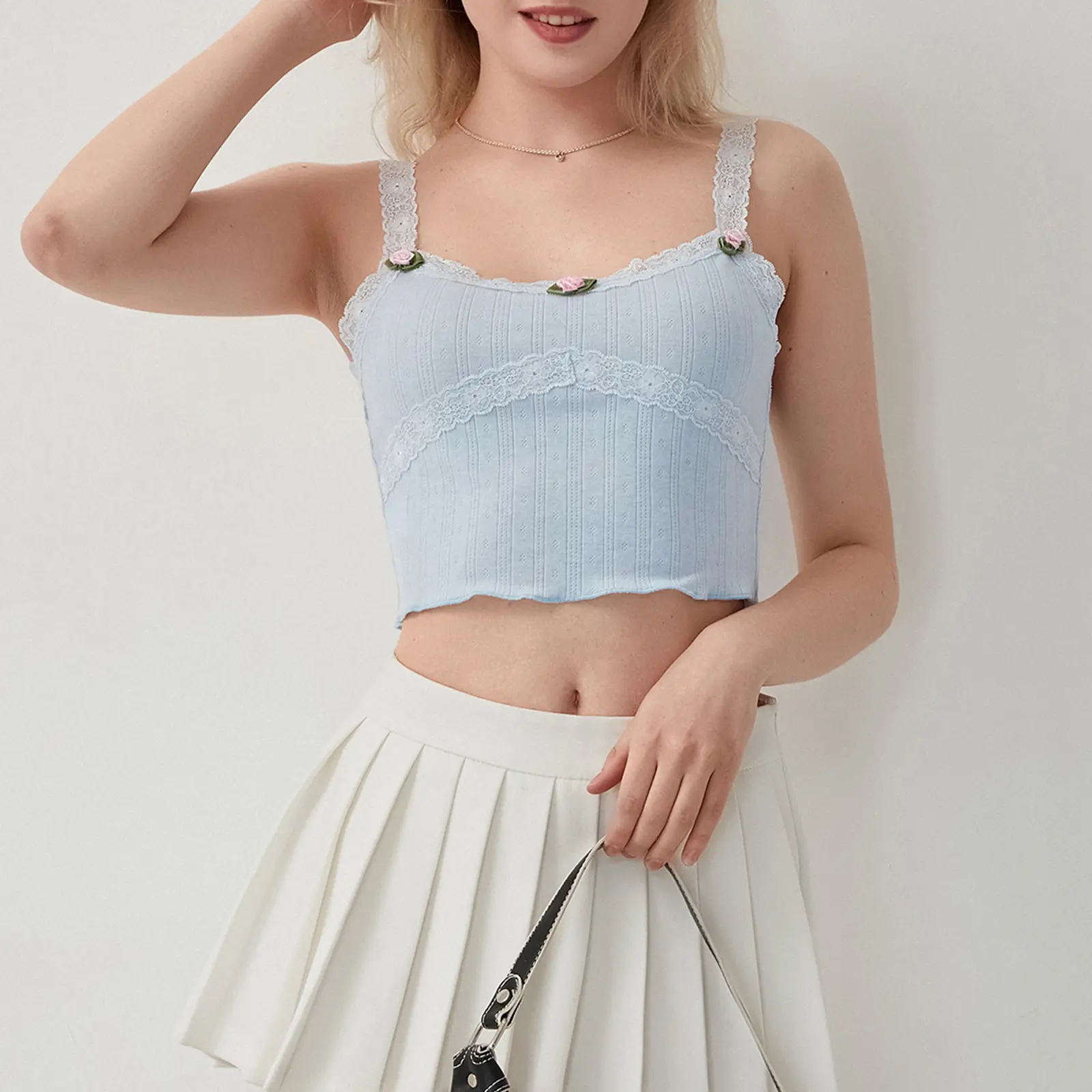Women's Sweet Slim Cami Tops Mini 3D Rose Front Lace Shoulder Strap Vest Show Navel Cropped Camisole