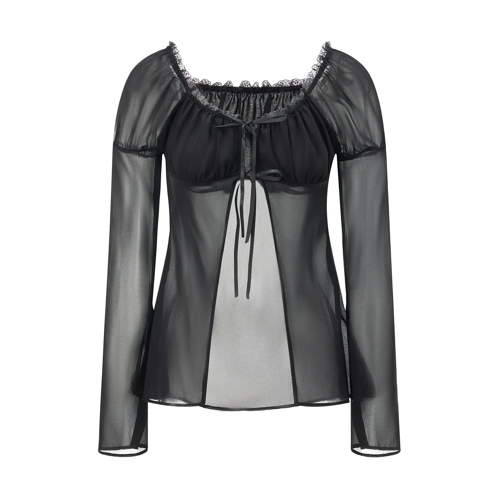 Women Split Tie Front Tops See Through Frill Trim Square Neck Long Puff Sleeve Mesh Shirts