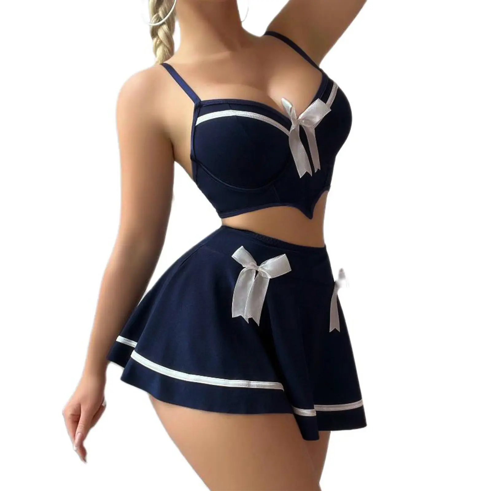 Women Lingerie Set, Contrast Color Bow Bra with Mini Skirt and Briefs Nightwear Sleepwear