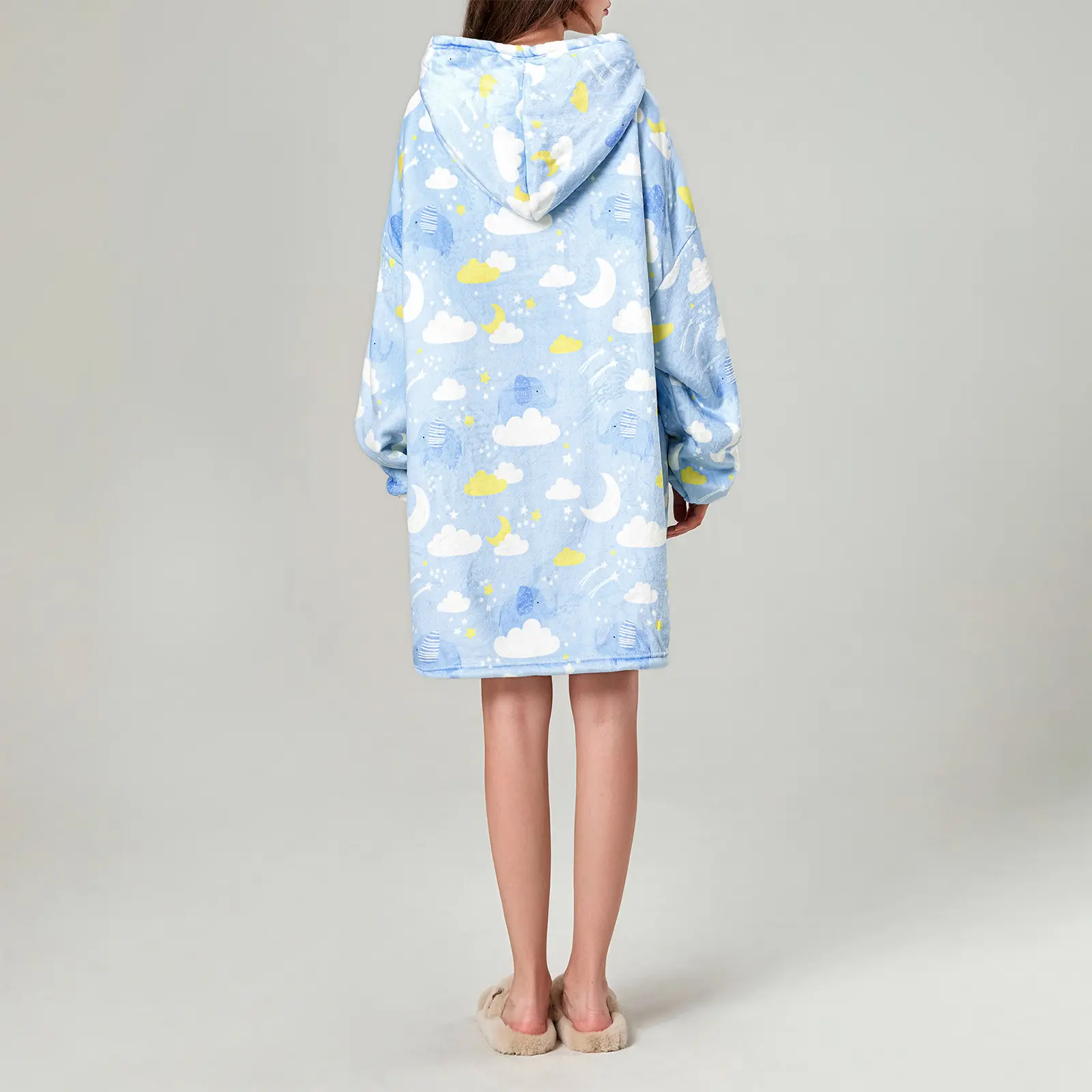 Women's Cartoon Print Hoodie Flannel Wearable Blanket Long Sleeve Kangaroo Pocket Winter Loungewear Pullover