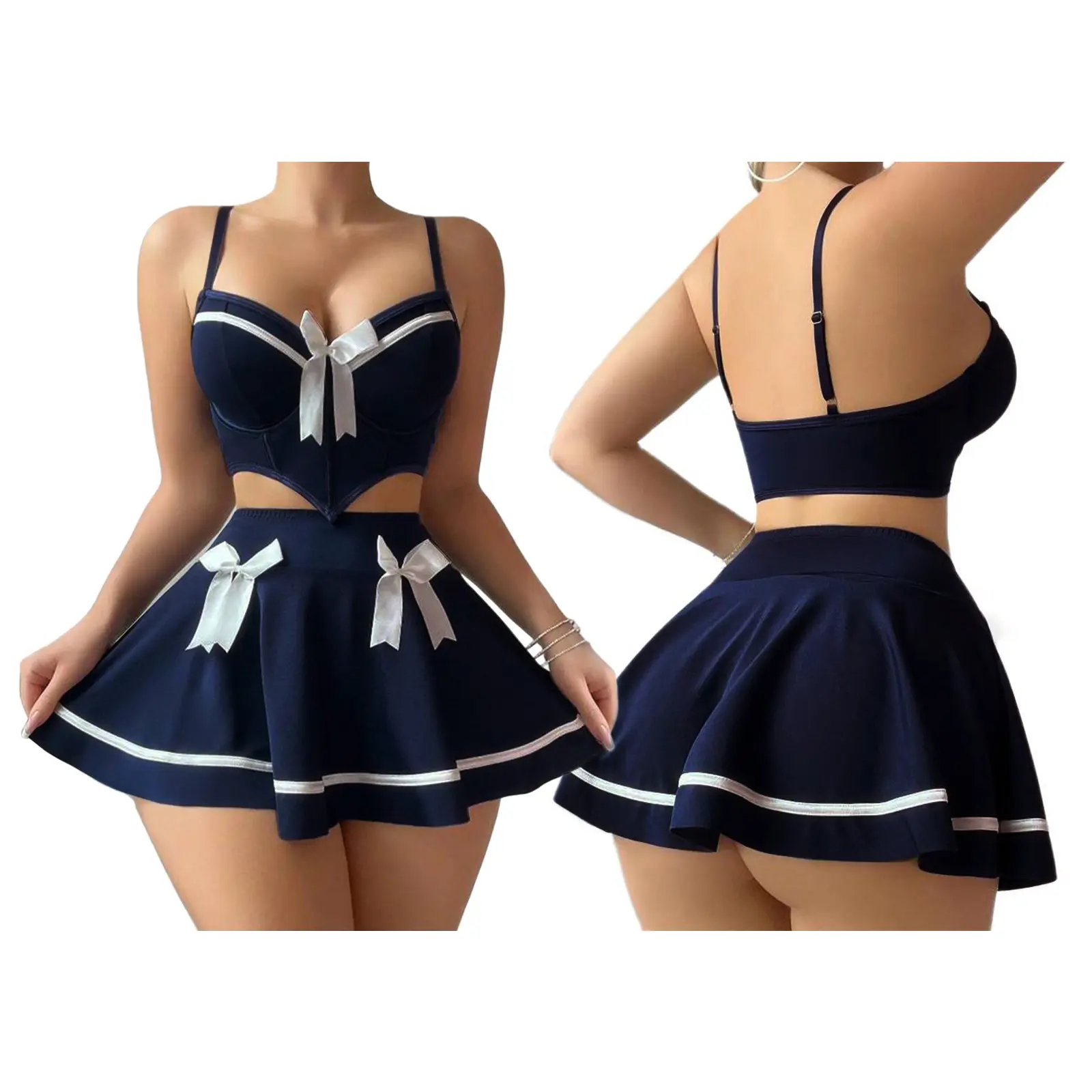 Women Lingerie Set, Contrast Color Bow Bra with Mini Skirt and Briefs Nightwear Sleepwear