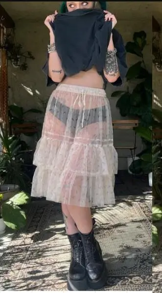 Women See Through Skirt Heart Tie-up A-line Layered Ruffle Knee Length Skirt Casual Skirt for Daily Party