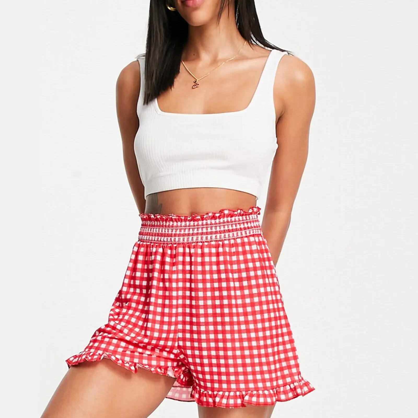 New Women's Basics Summer Sweet Casual Boxer Folds Shorts Elastic Waistband Wide Leg Plaid Shorts Streetwear