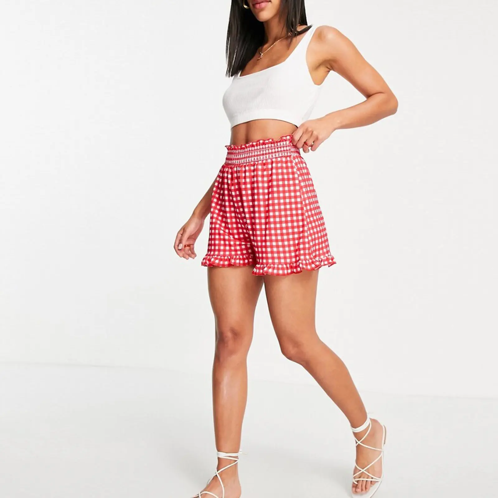 New Women's Basics Summer Sweet Casual Boxer Folds Shorts Elastic Waistband Wide Leg Plaid Shorts Streetwear