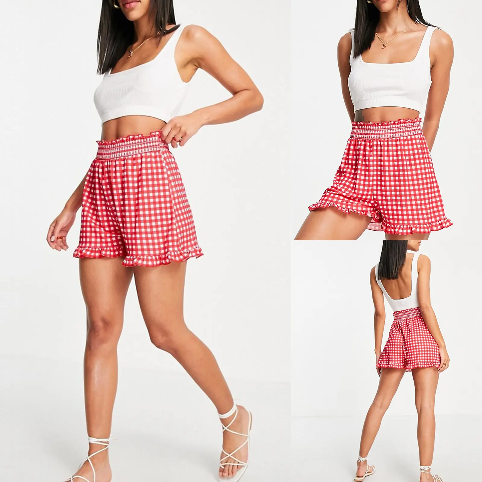 New Women's Basics Summer Sweet Casual Boxer Folds Shorts Elastic Waistband Wide Leg Plaid Shorts Streetwear