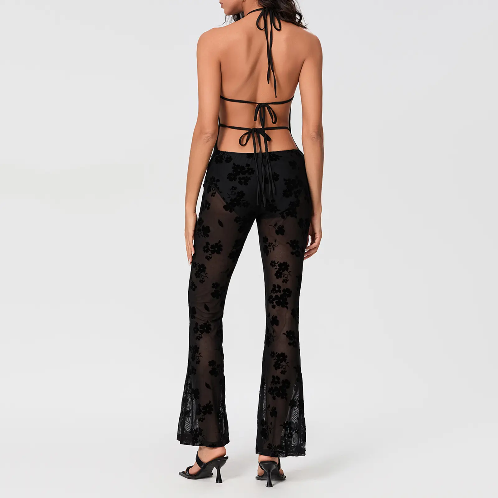 Women Halter Flare Jumpsuit Casual Summer Cutout Floral Print See-Through Backless Romper Pants for Clubwear Streetwear