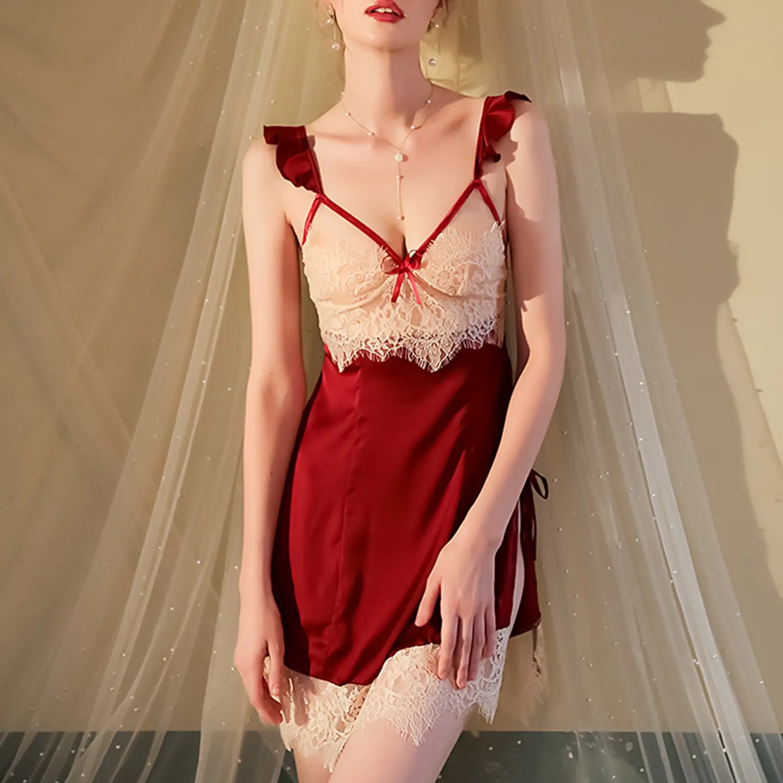 Women's 2 Piece Lace Lingerie Set Ruffle Trap Lace Patchwork Babydoll Chemise + G-String Thong Exotic Nightwear