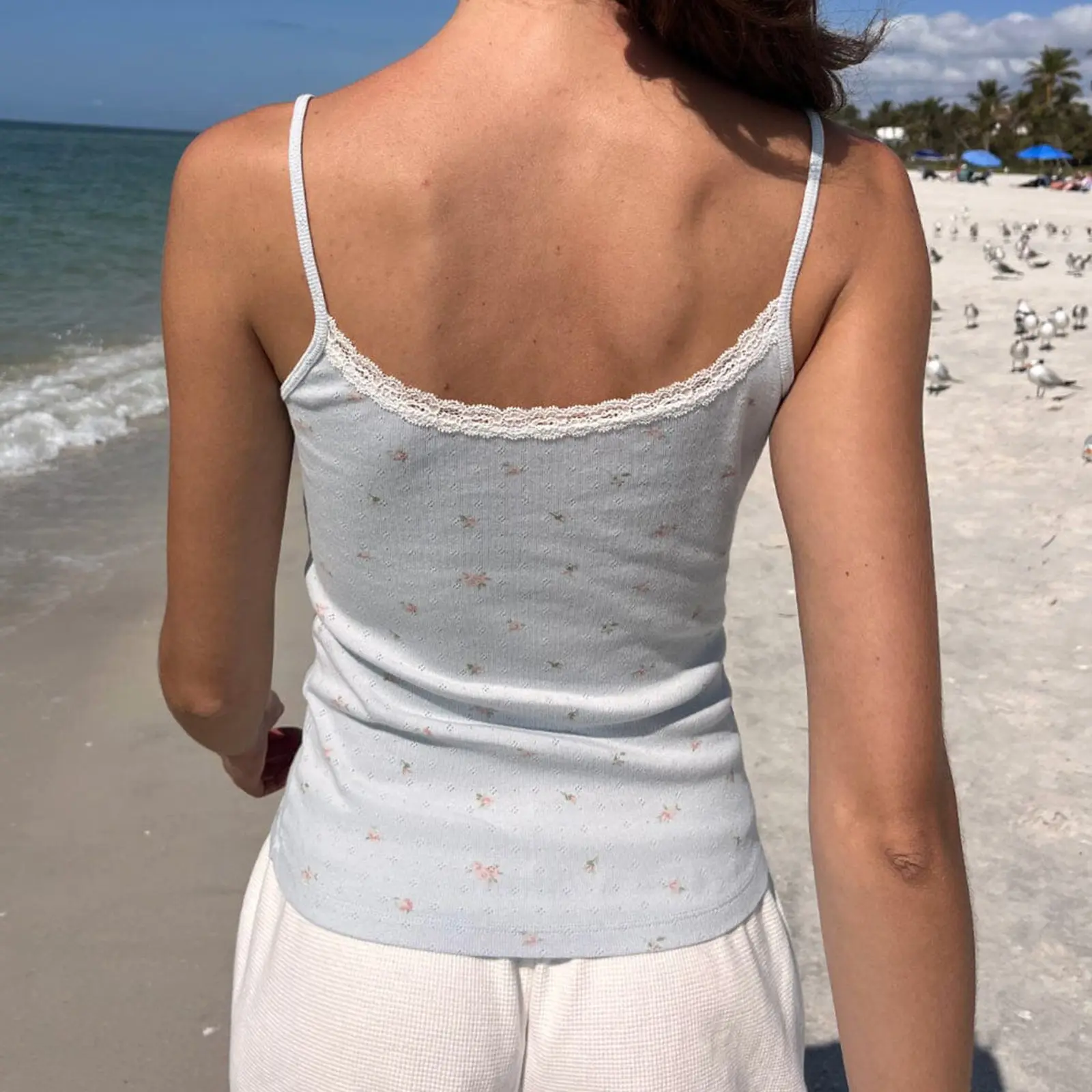 Women's Lace Trim Cami Tops Summer Sleeveless Open Back Low Cut Floral Tank Tops
