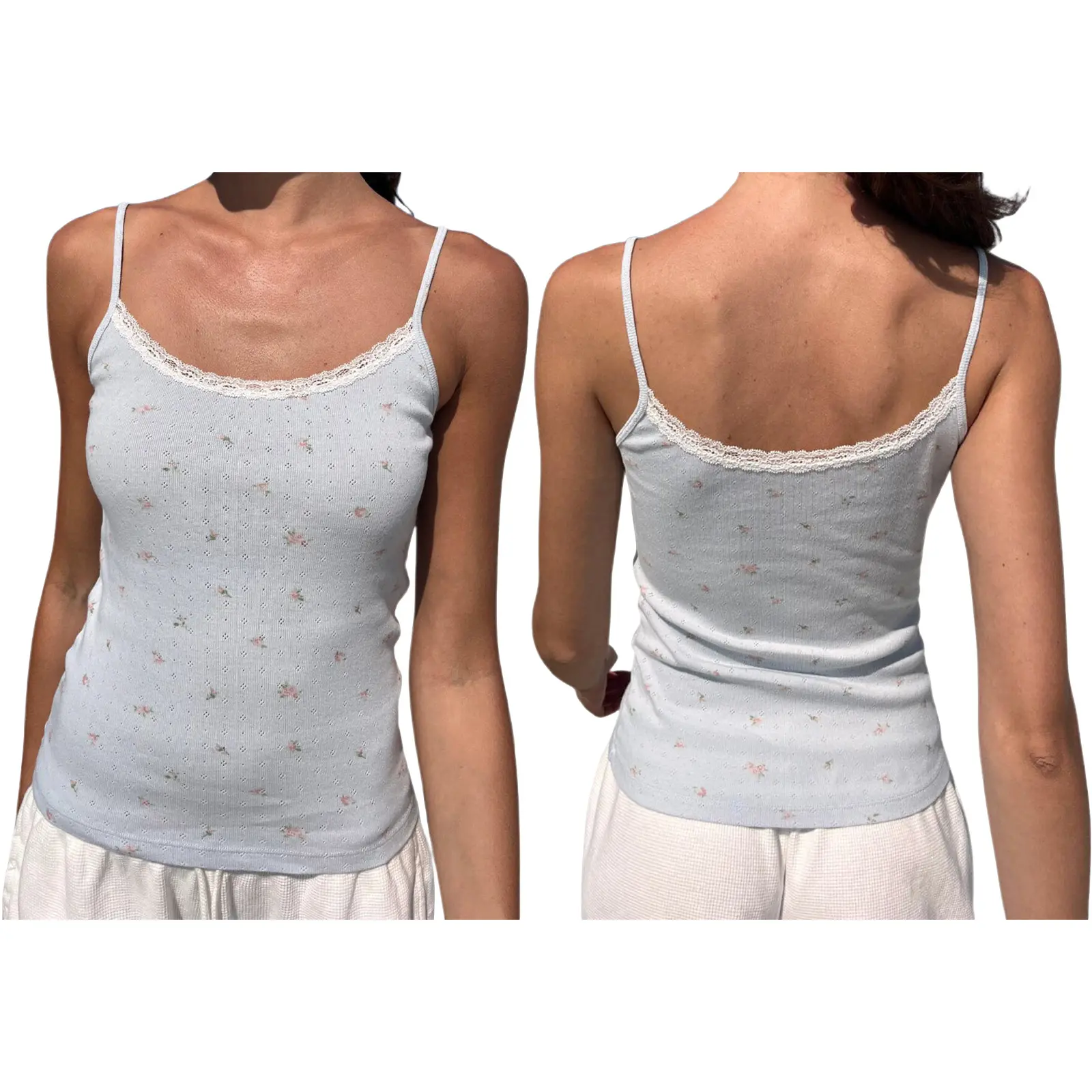 Women's Lace Trim Cami Tops Summer Sleeveless Open Back Low Cut Floral Tank Tops