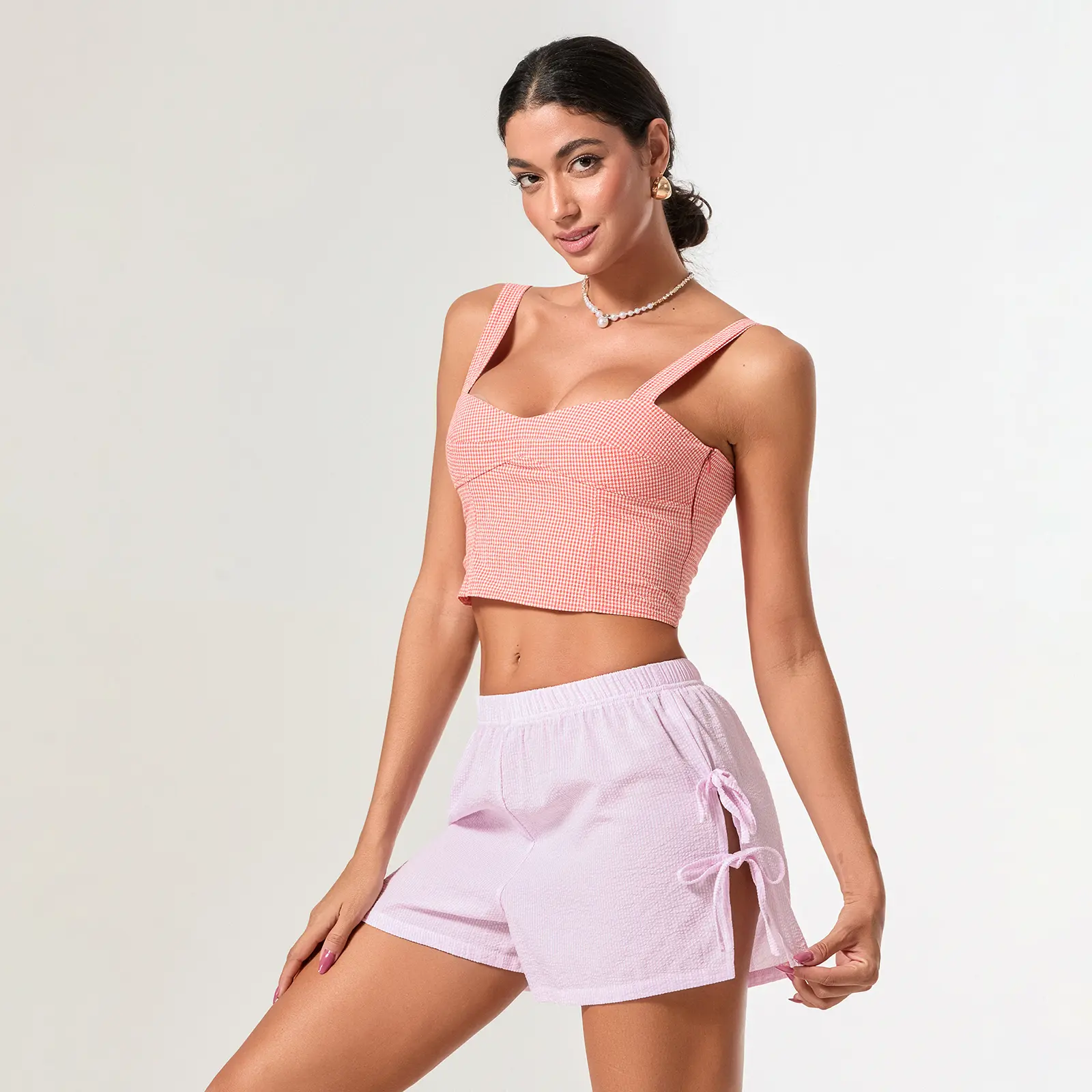 Womens Pinstripes Print Shorts Side Slit Bow Leisure Elastic Waistband Summer Beach Short Pants