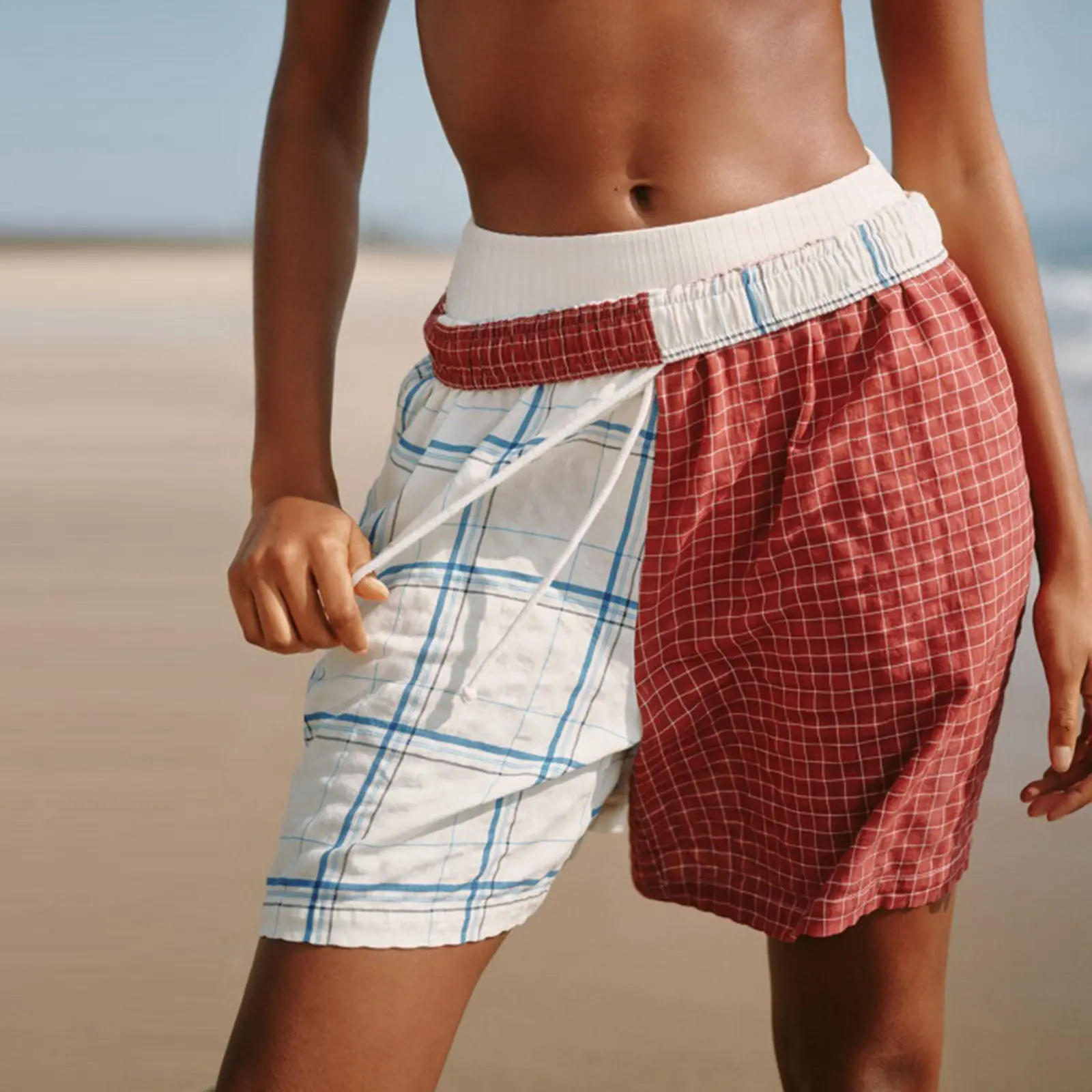 Women's Summer Casual Pajamas Shorts Wide Leg Drawstring Plaid Patchwork Lounge Shorts