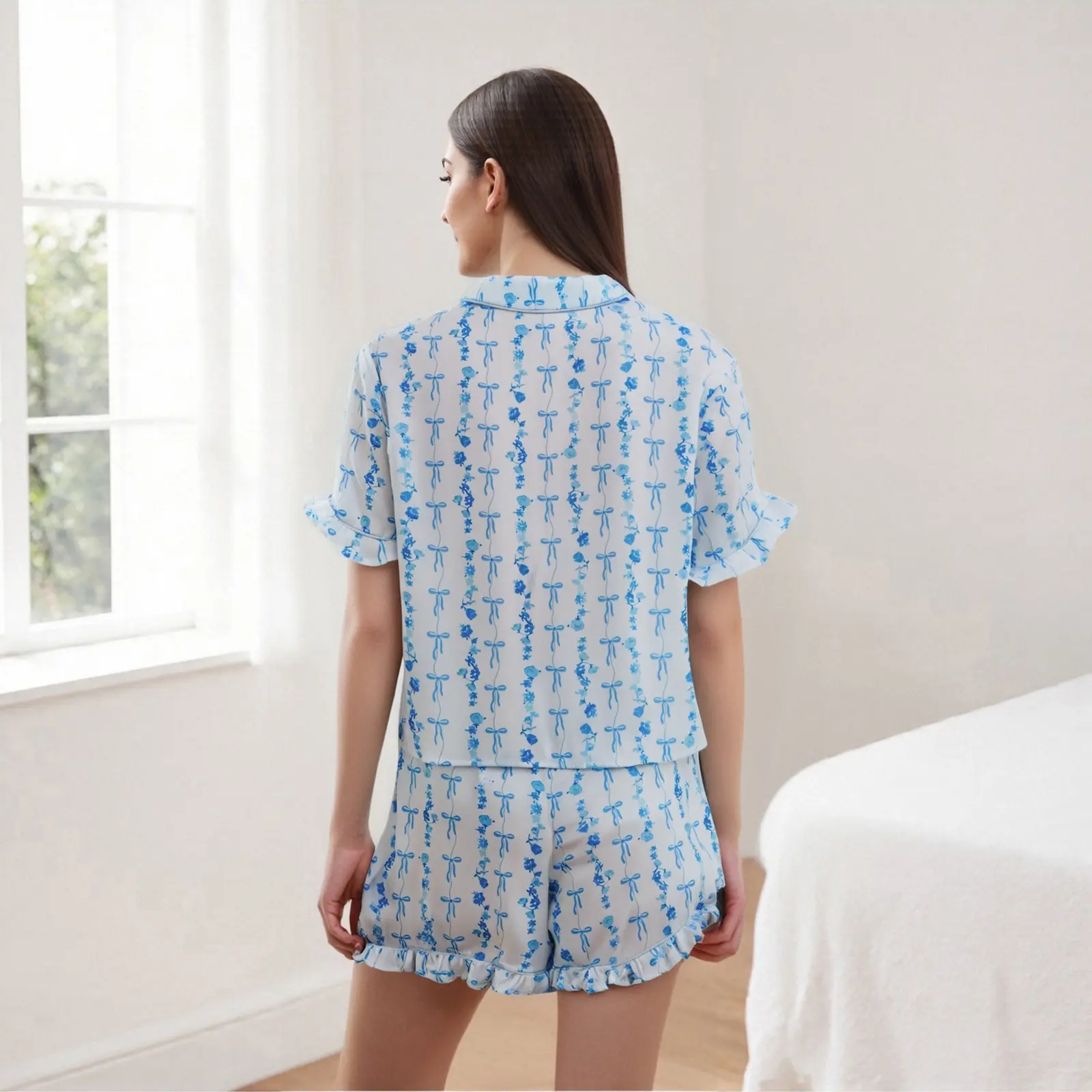 Women 2 Piece Pajamas Set Bow Print Ruffled Tie Front T-Shirt and Drawstring Shorts for Loungewear Soft Sleepwear