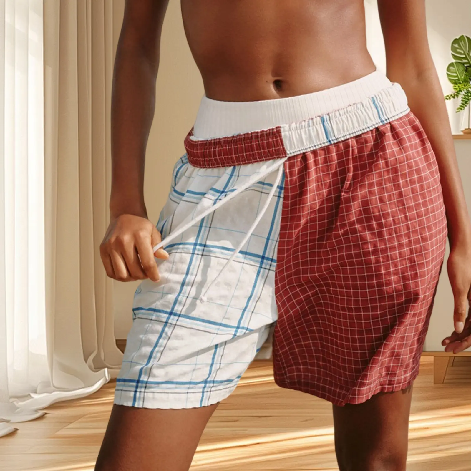 Women's Summer Casual Pajamas Shorts Wide Leg Drawstring Plaid Patchwork Lounge Shorts